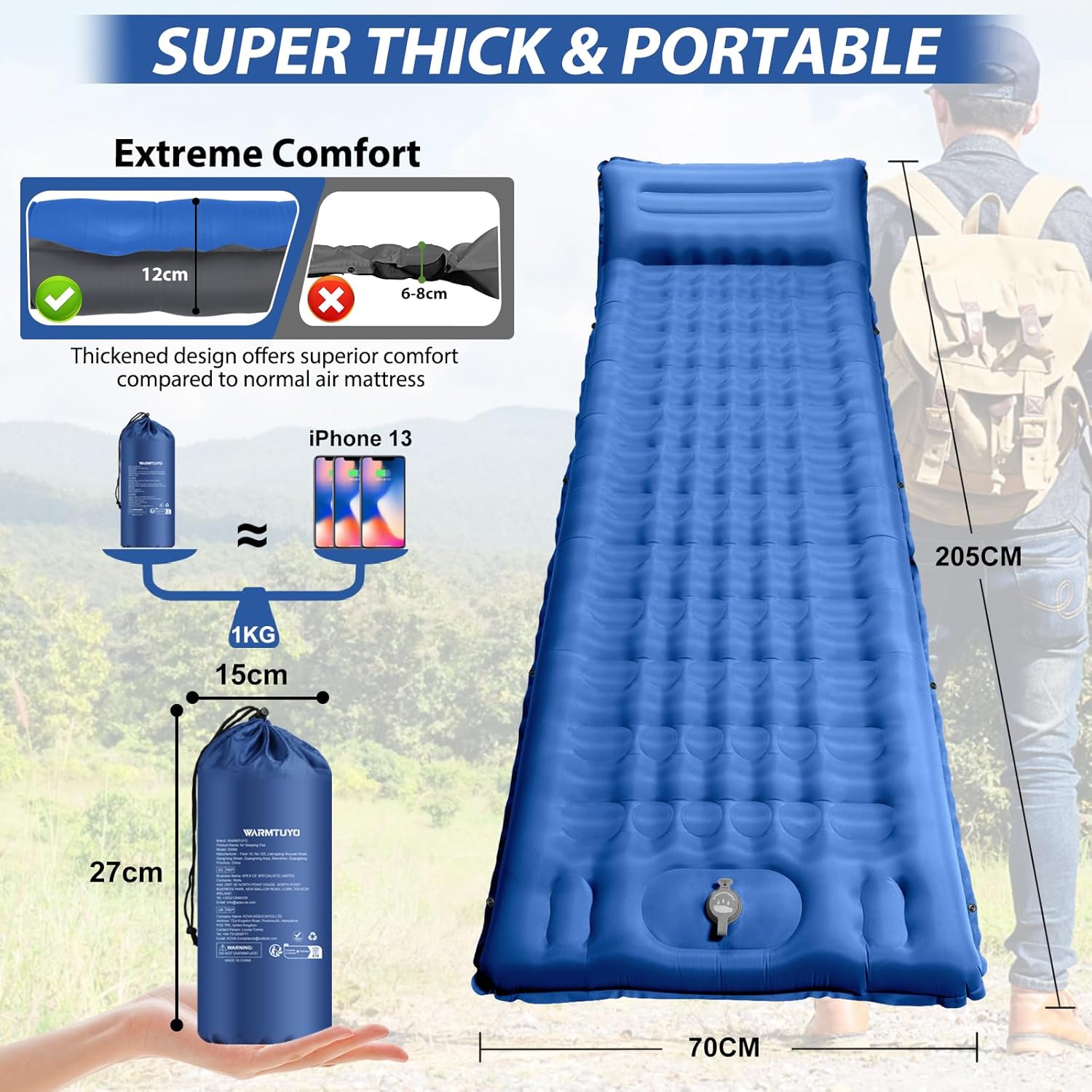 Thumbnail 1 de Isomatte Camping mit Fußpumpe, integrierten Kissen und 12 cm Aufbauhöhe