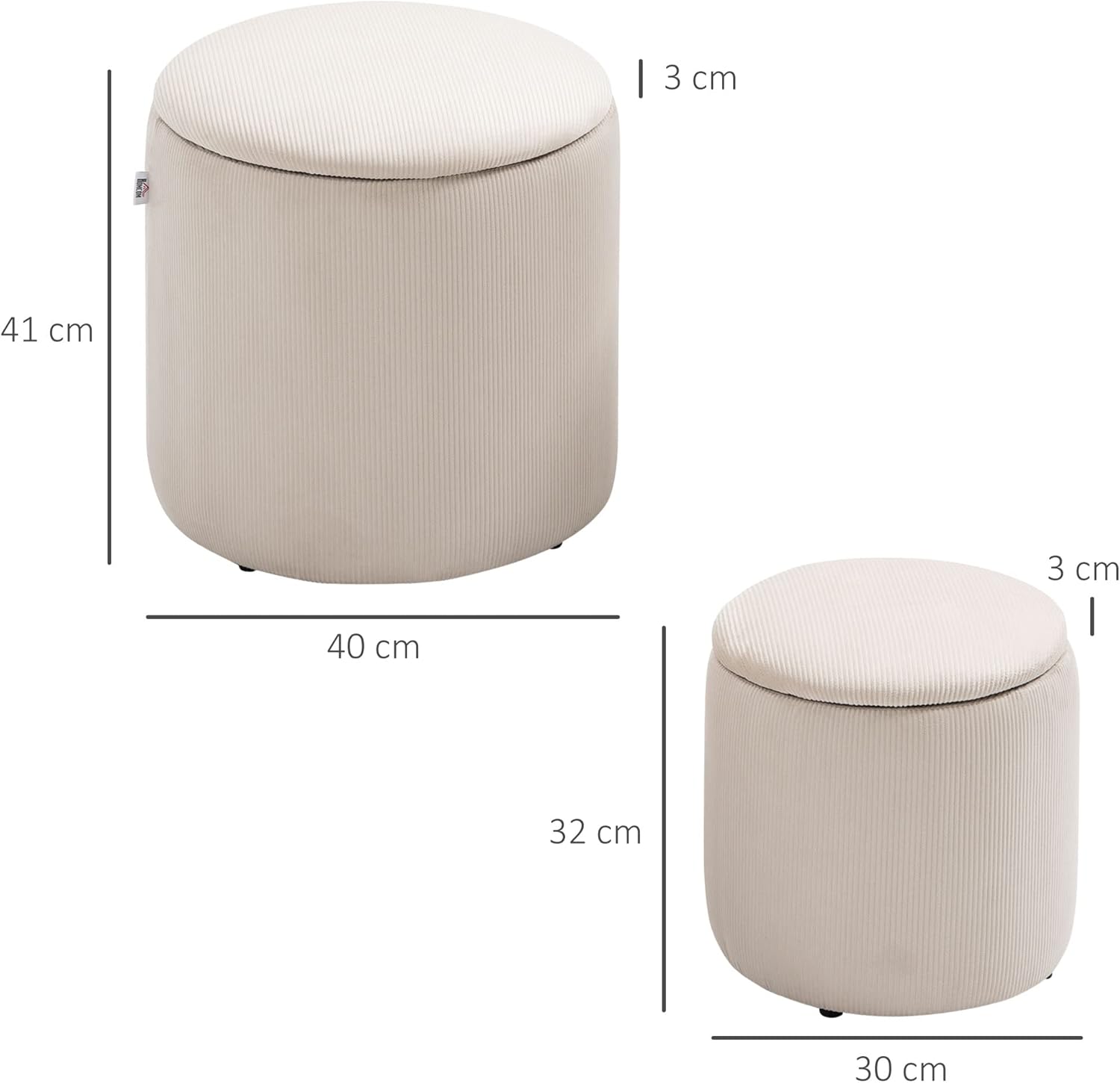 Thumbnail 2 de HOMCOM Lot de 2 poufs tabourets avec coffre de rangement en tissu effet velours côtelé (crème)