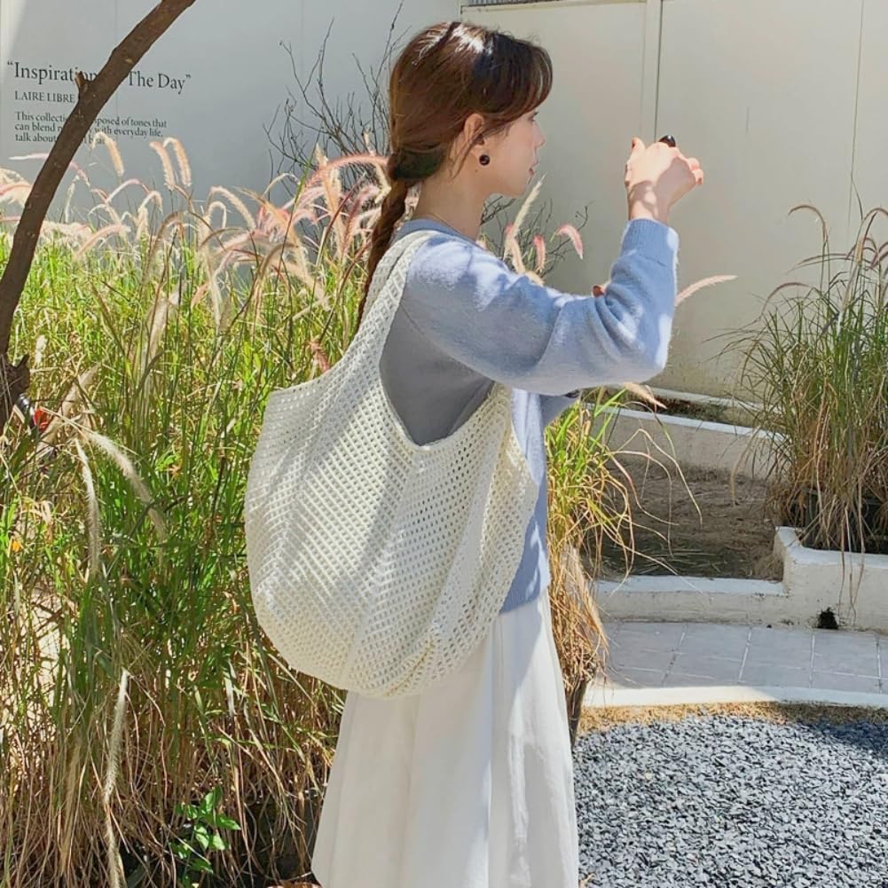 Detalle de Aucuu sac fourre-tout femme en crochet ajouré : sac à bandoulière en maille pour le quotidien
