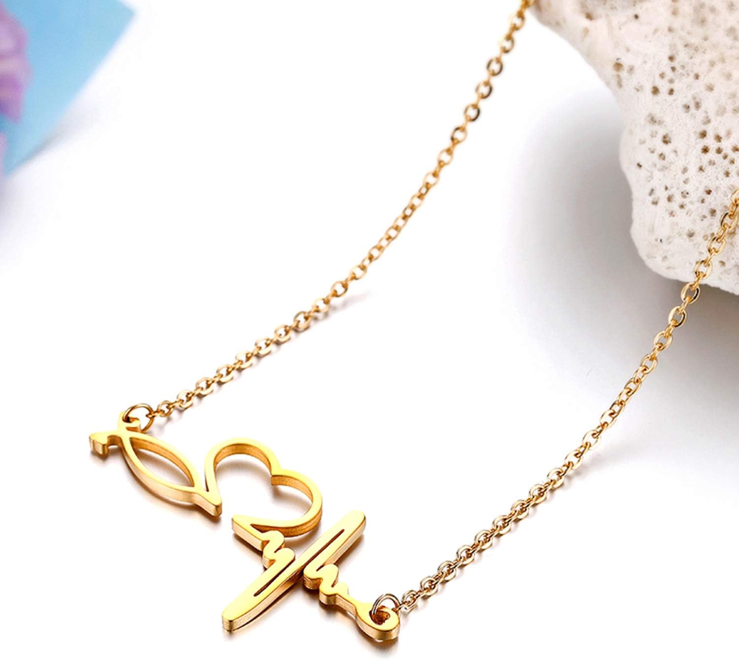Detalle de JewelryWe Edelstahl Herzschlag Anhänger mit 50 cm Kette – EKG Rhythmus, Stethoskop-Charme, Damen