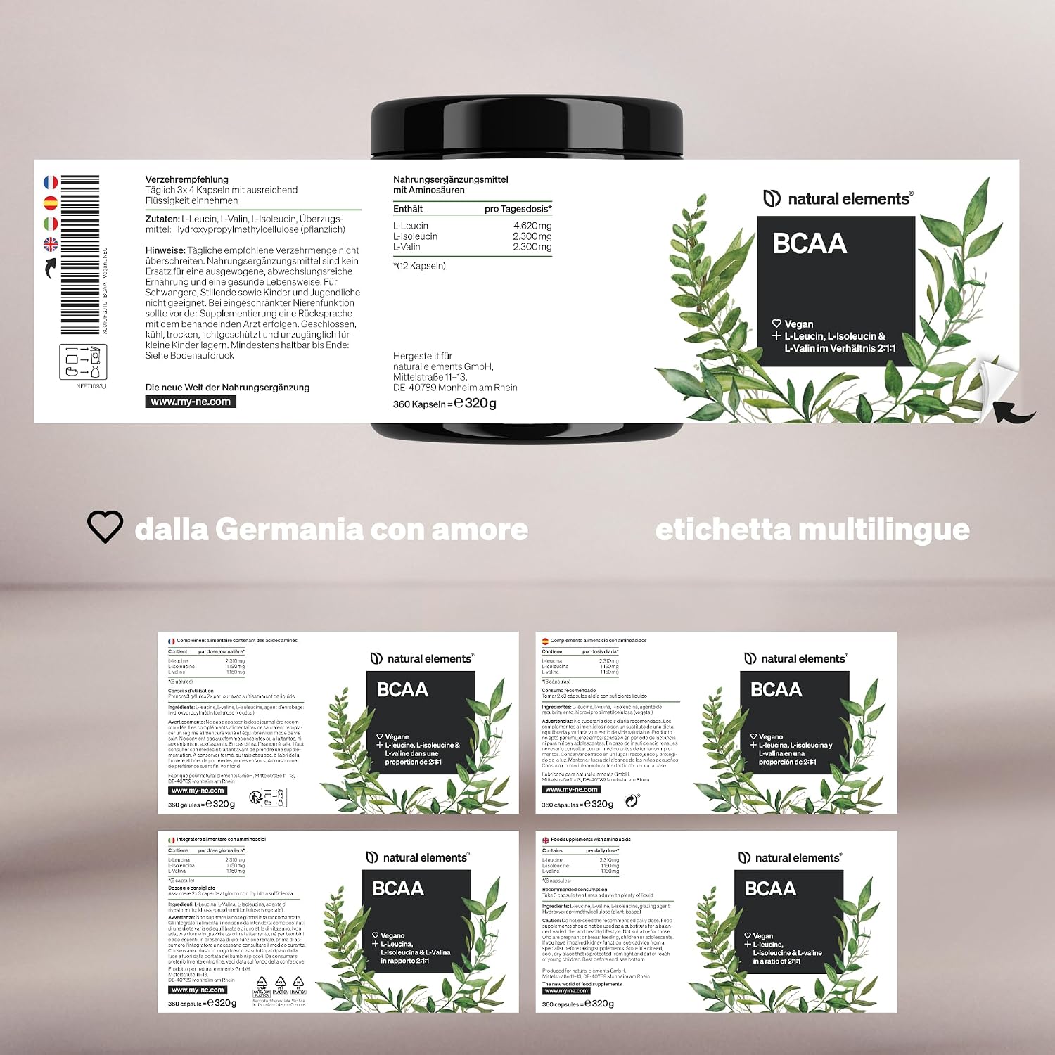 Thumbnail 5 de Natural Elements BCAA 360 capsule piccolo formato (vegane) con leucina, isoleucina e valina