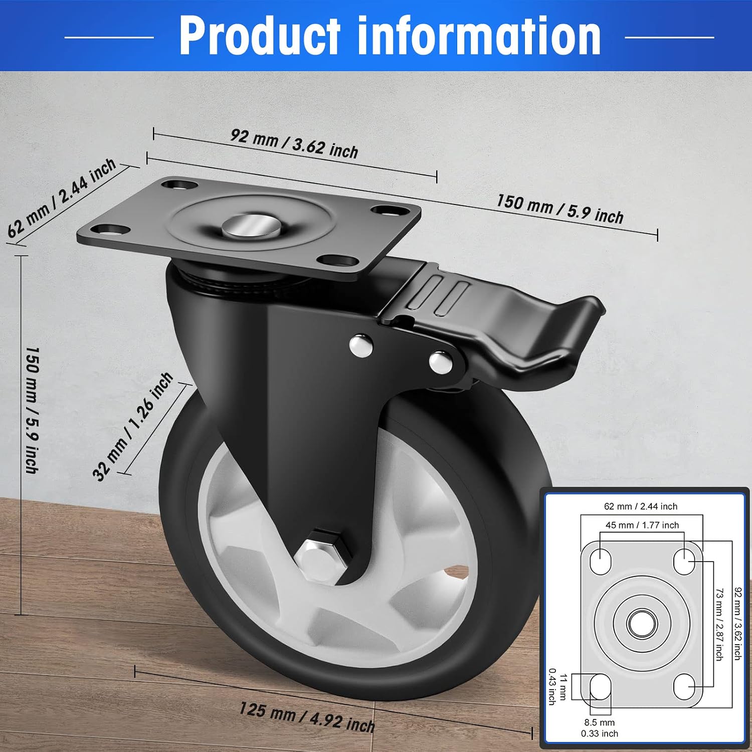 Detalle 2 de ASHGOOB swivel plate casters, 5-inch