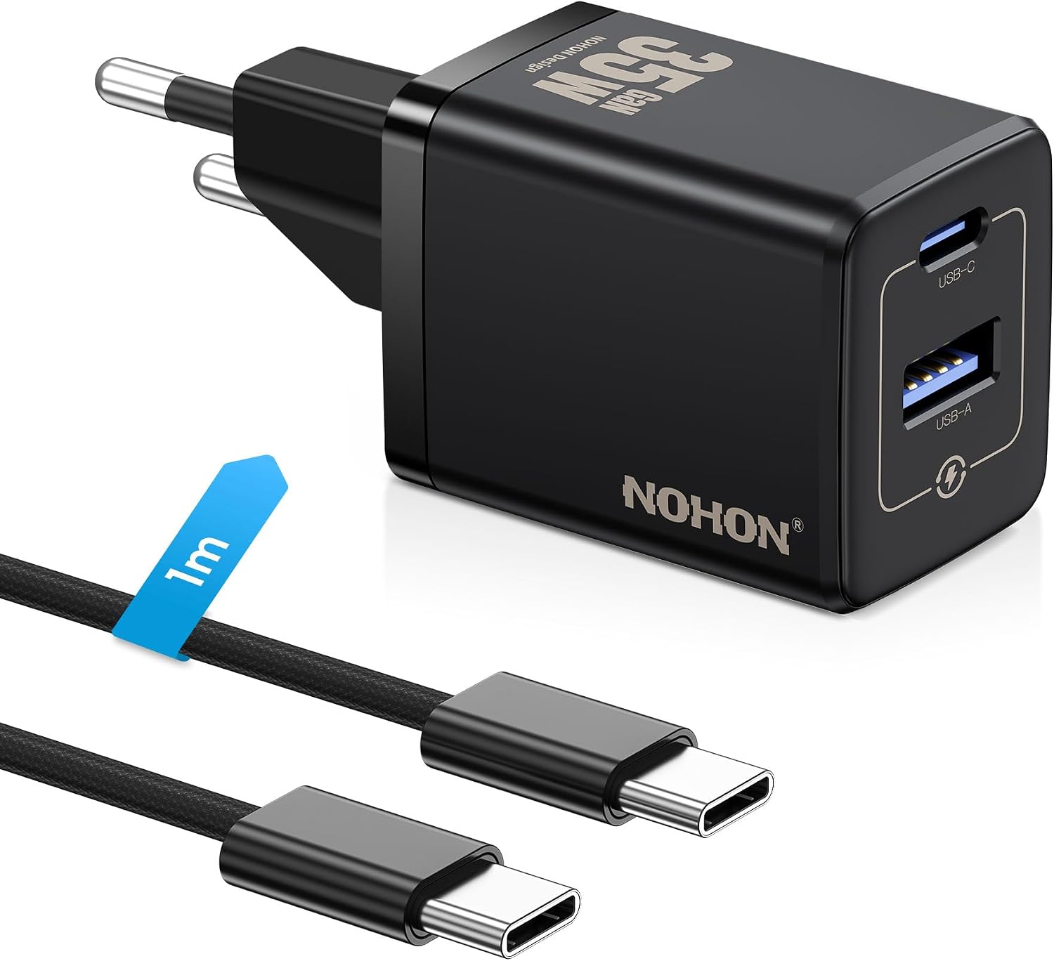 Detalle de NOHON Caricatore USB-C 35W GaN con doppia porta (USB-C + USB-A) e cavo 1 m, PD 3.0