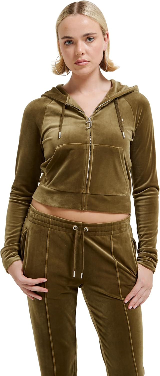 Detalle de Juicy Couture Damen Madison Hoodie Kapuzensweatjacke aus Velour-Mix mit Reißverschluss