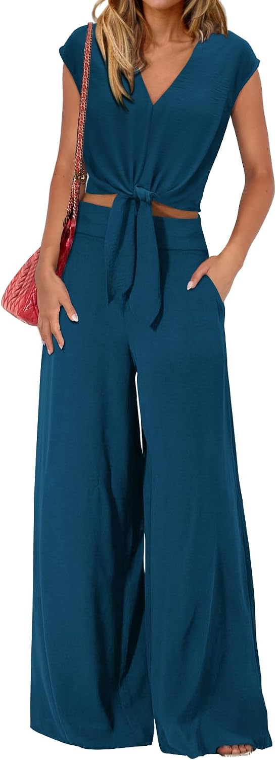 Detalle de PrettyGarden Women's Summer 2-Piece Set Cap Sleeve Crop Tops & Wide Leg Pants