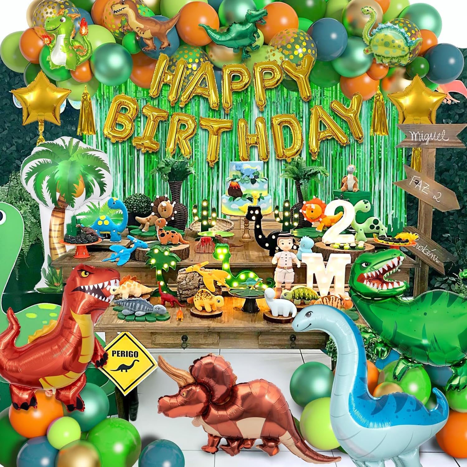 Thumbnail 2 de BlueCloudy Dinosaur Party Balloons Supplies – 125pc Jungle Happy Birthday Foil Balloon Curtain & Arch Set