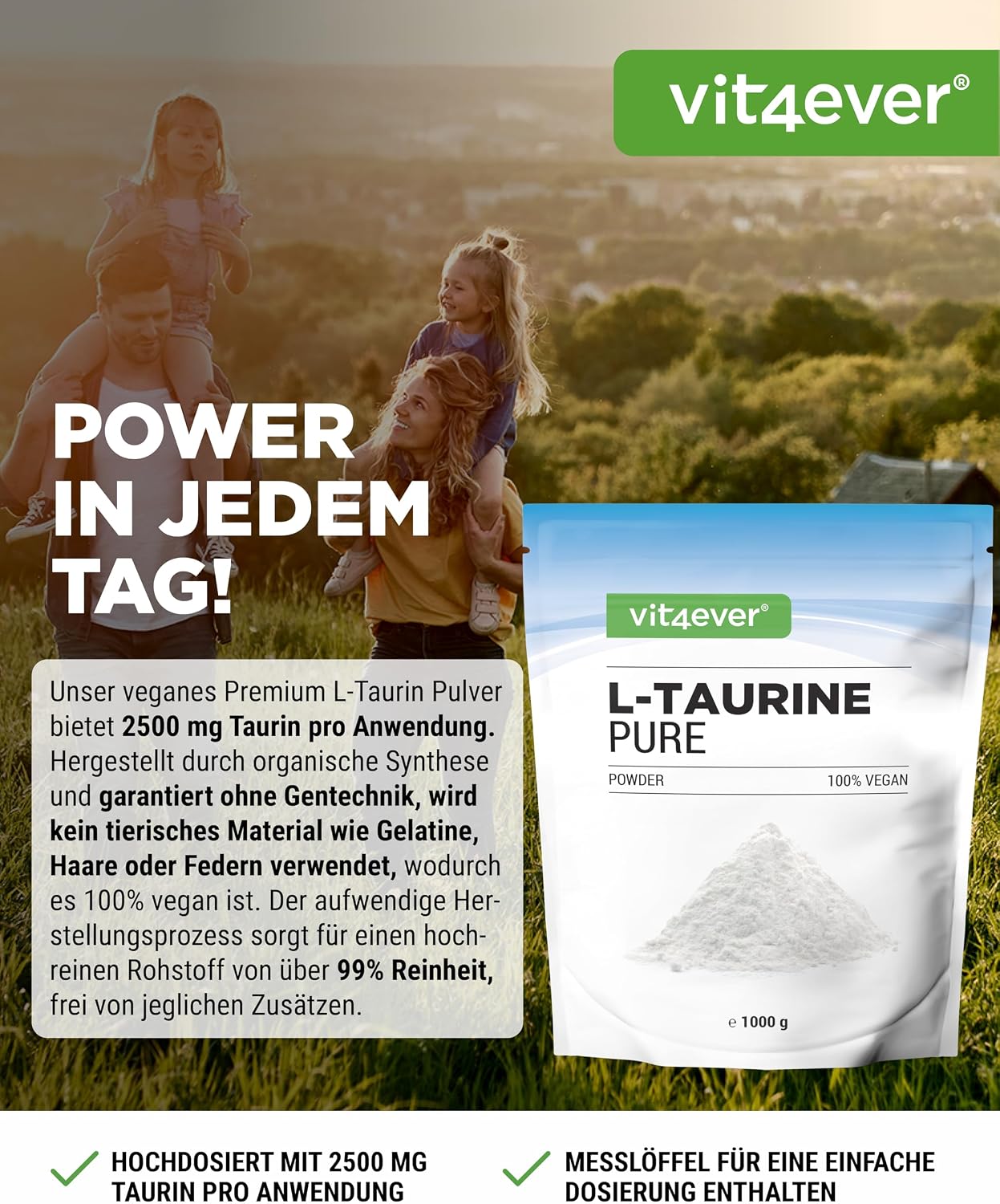 Detalle 2 de vit4ever Taurin Pulver 1.000 g (1 kg) – 99% rein, vegan, mit Dosierlöffel