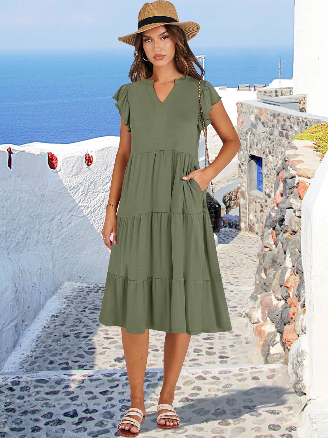 Detalle 2 de ANRABESS Women’s Summer Ruffle Sleeve V-Neck Midi Dress (Tiered Boho Style)