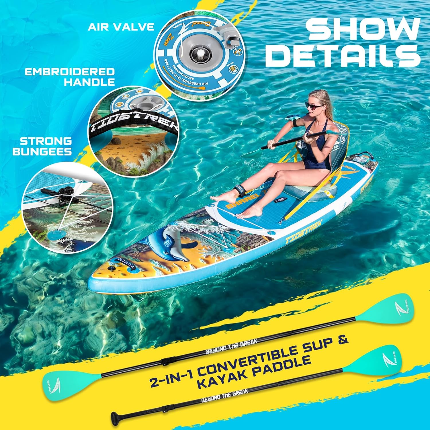 Detalle de TIDETREK Inflatable SUP 11'/11'6" x 33/34" x 6" – Extra-Wide, Stable with Premium Accessory Set