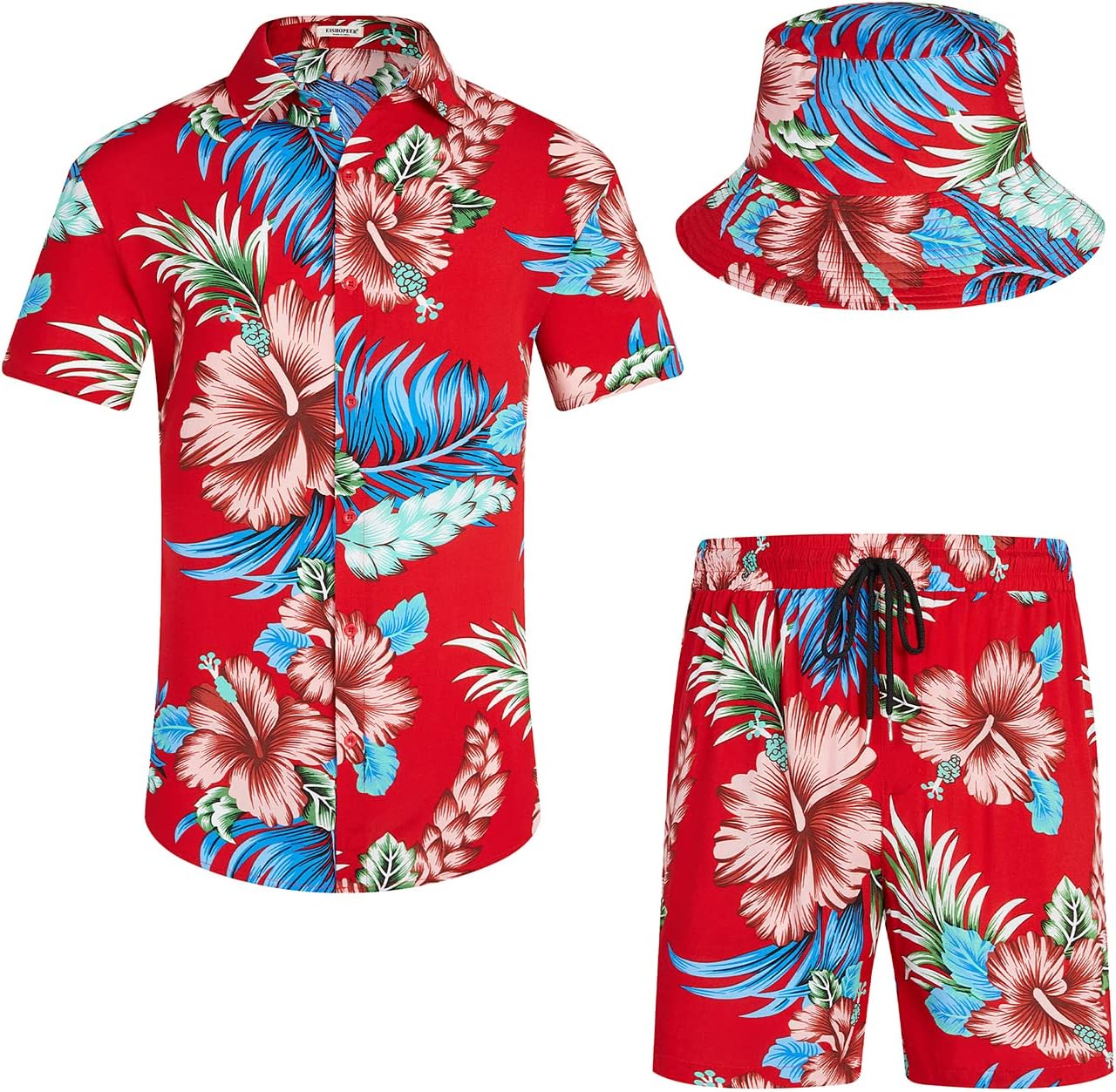Detalle de EISHOPEER Men’s Flower Hawaiian Set Shirt & Shorts Outfit 🌺?
