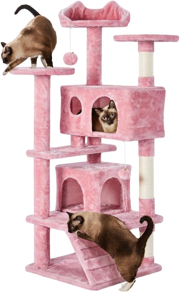 Detalle de Yaheetech Albero tiragraffi per gatti da 137 cm con 2 casette e 2 palline in peluche (sisal naturale) rosa