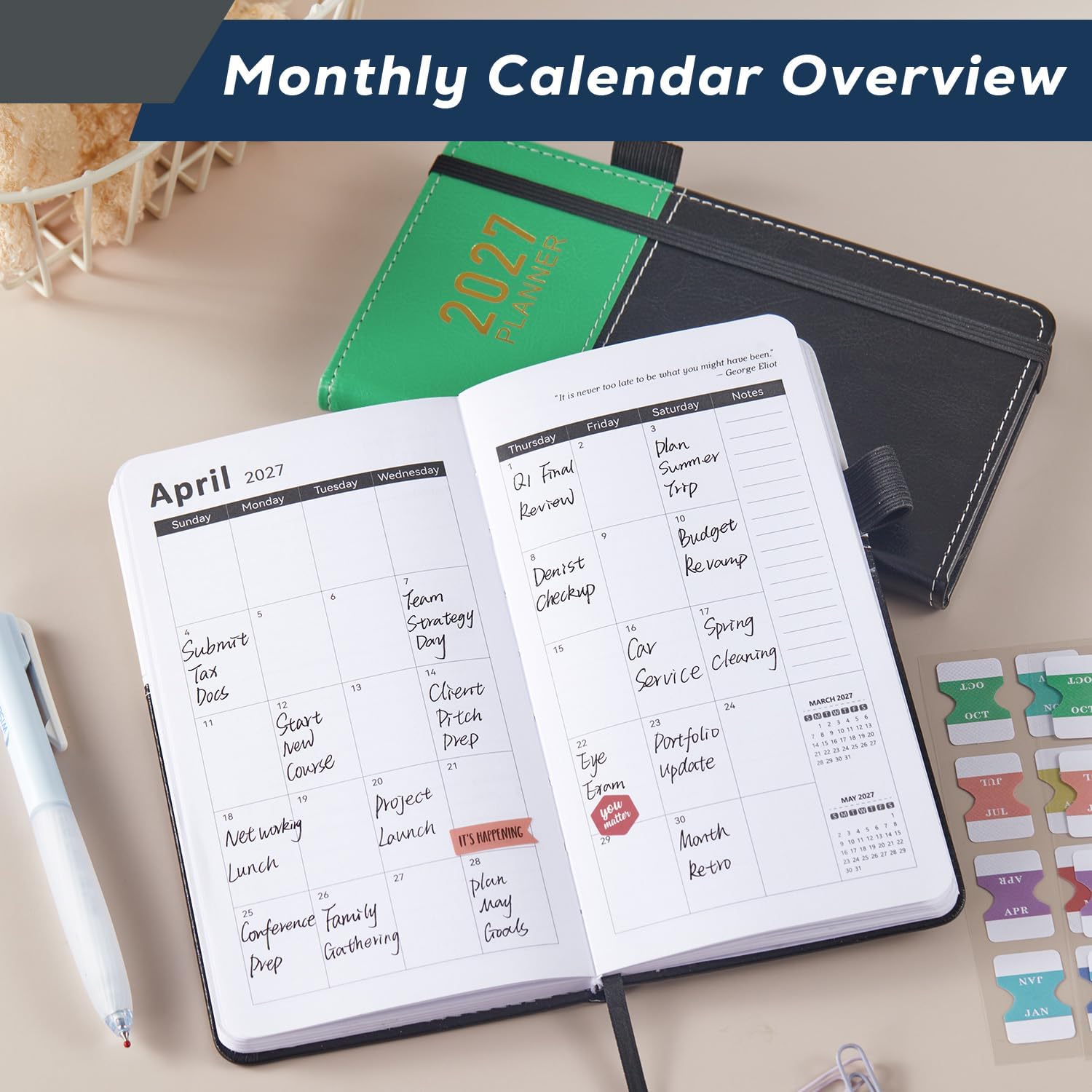Detalle de PLANNITY 2027 Pocket Planner, Weekly and Monthly, 3.8 x 7-Inch Leather Cover
