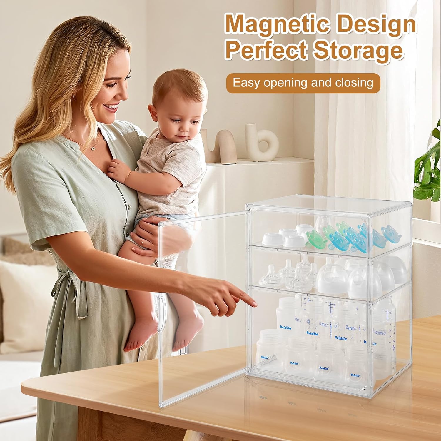 Detalle de ERTIUANIO YENPSNX-0106 3-Tier Baby Bottle Organizer, Clear Plastic, Magnetic Door