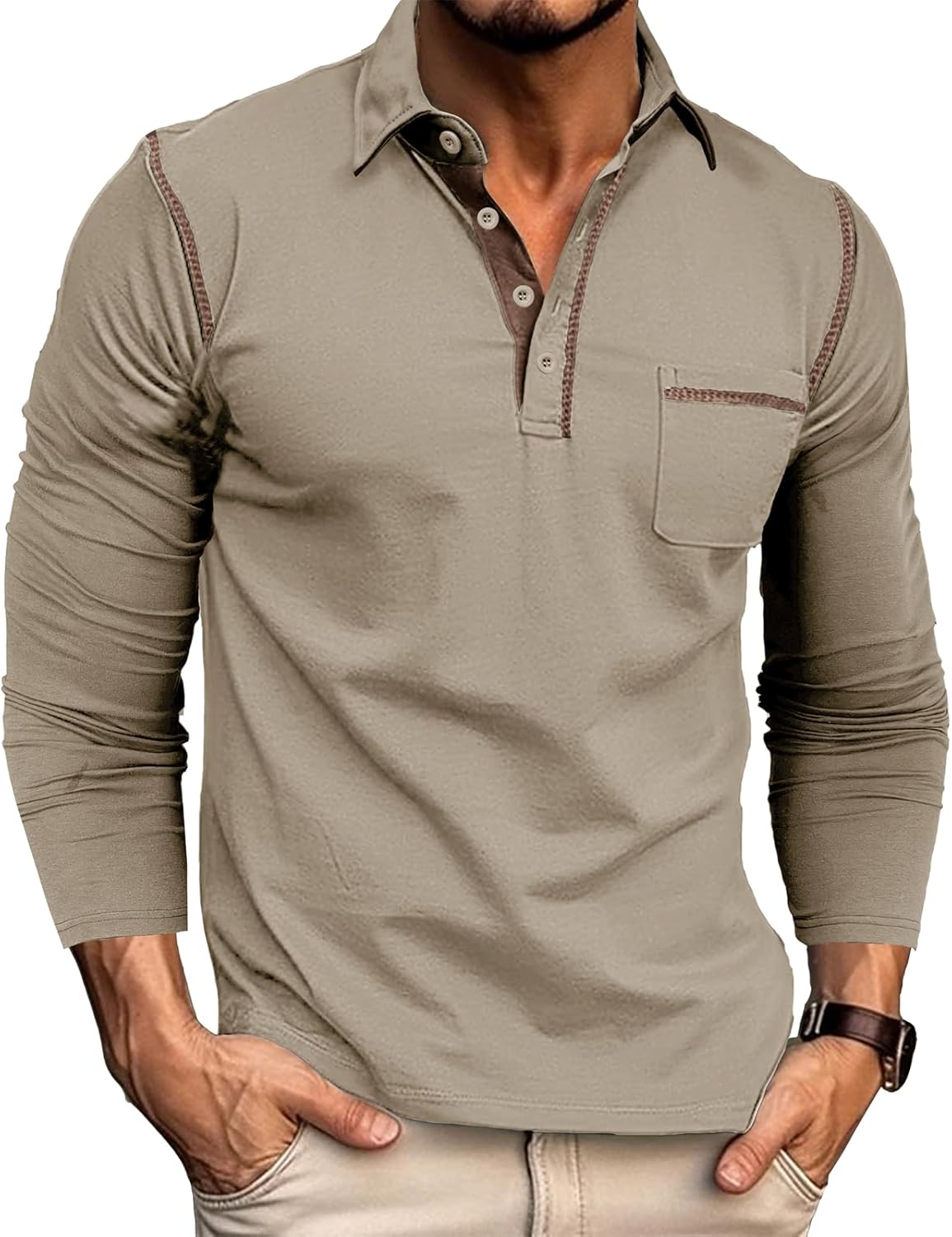 Thumbnail 6 de Herren Langarm-Poloshirt mit Brusttasche aus Baumwolle/Polyester/Elasthan