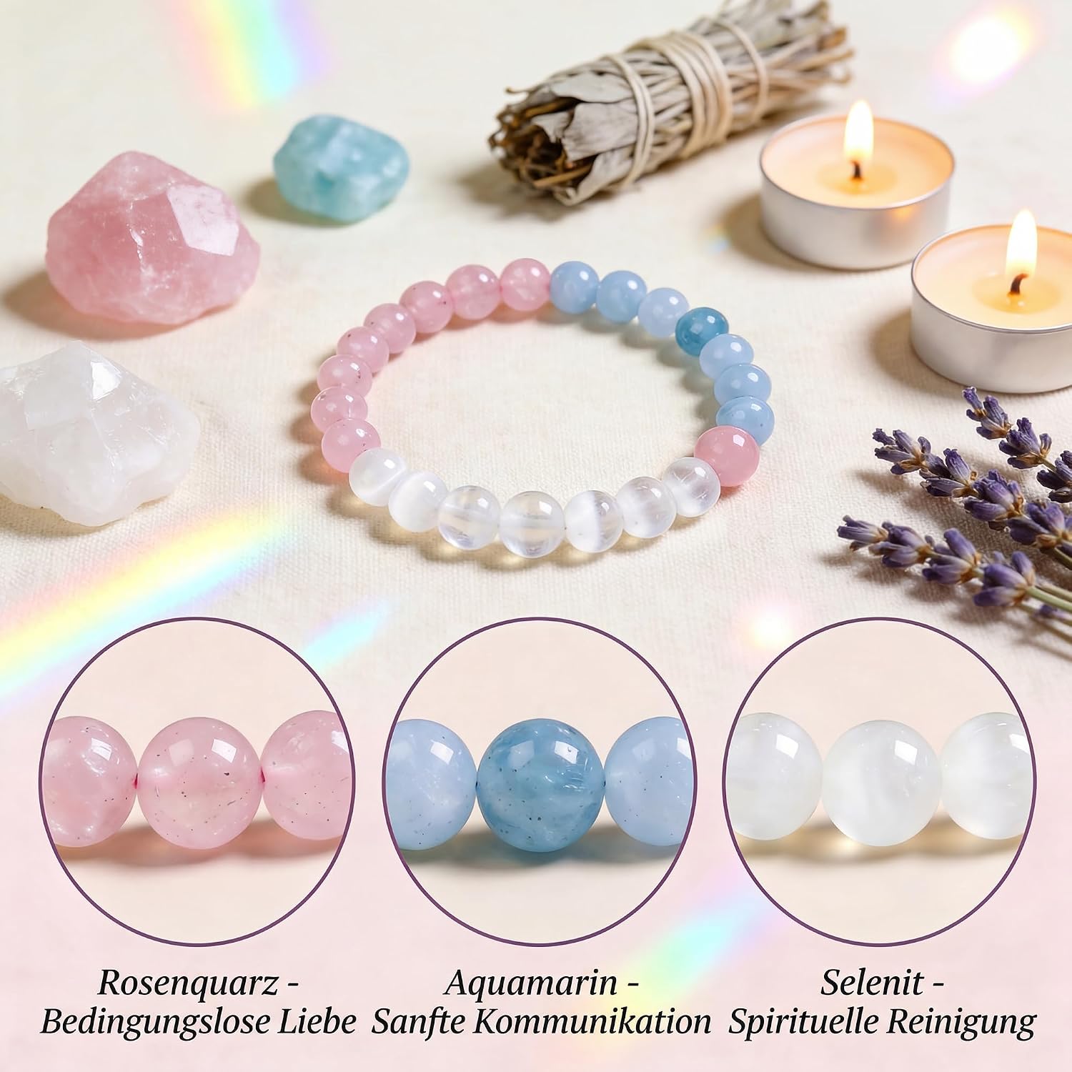 Detalle de Bivei Stärkendes Kristall-Heilungsarmband (8 mm) – Rosequarz, Aquamarin & Selenit als Stretch-Perlenarmband