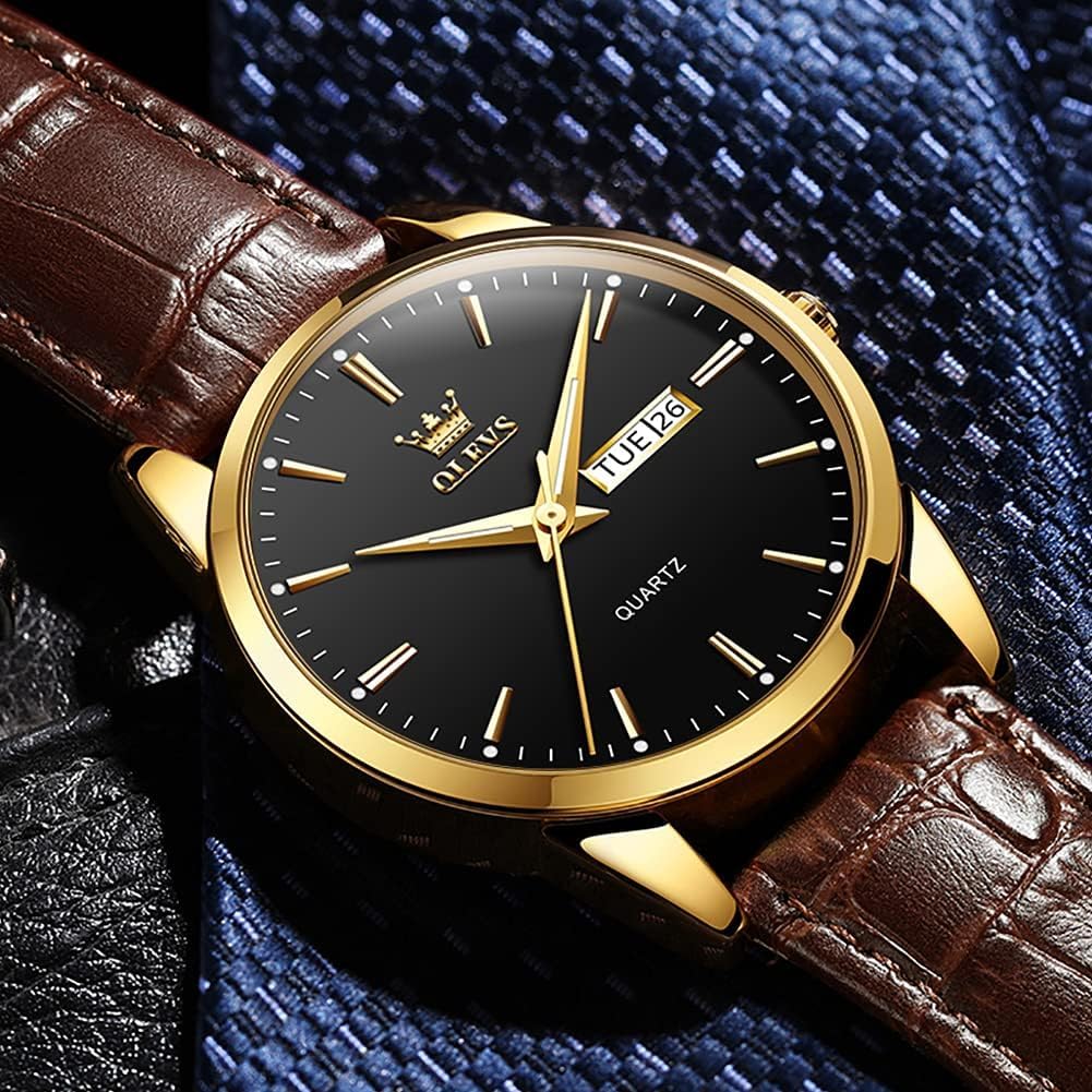 Detalle de OLEVS Herrenarmbanduhr Braun/Schwarz Lederband, Quarz, Datum & Wochentag, Leuchtzeiger, 30 m Wasserdicht – elegantes Geschenk