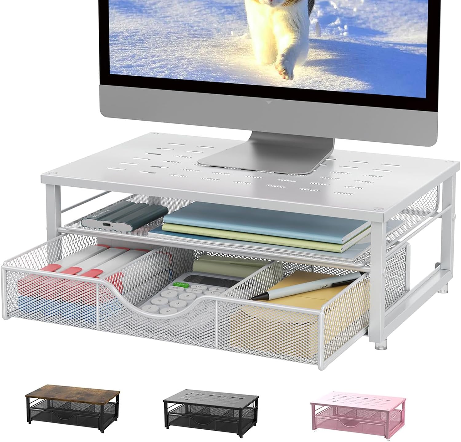 Thumbnail 6 de Pygocereri Monitor Stand Riser with Drawer (Pink) – Desk Organiser & Ventilated Steel, for Monitors, Laptops and Printers