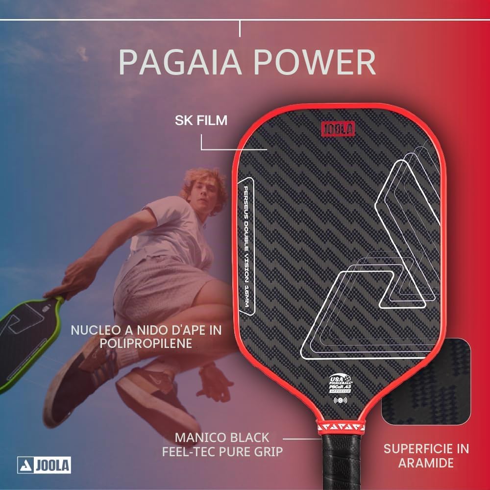 Detalle de JOOLA Vision/Double Vision: pagaia da pickleball con superficie Aramid e pellicola SK per vibrazioni, approvata USAP