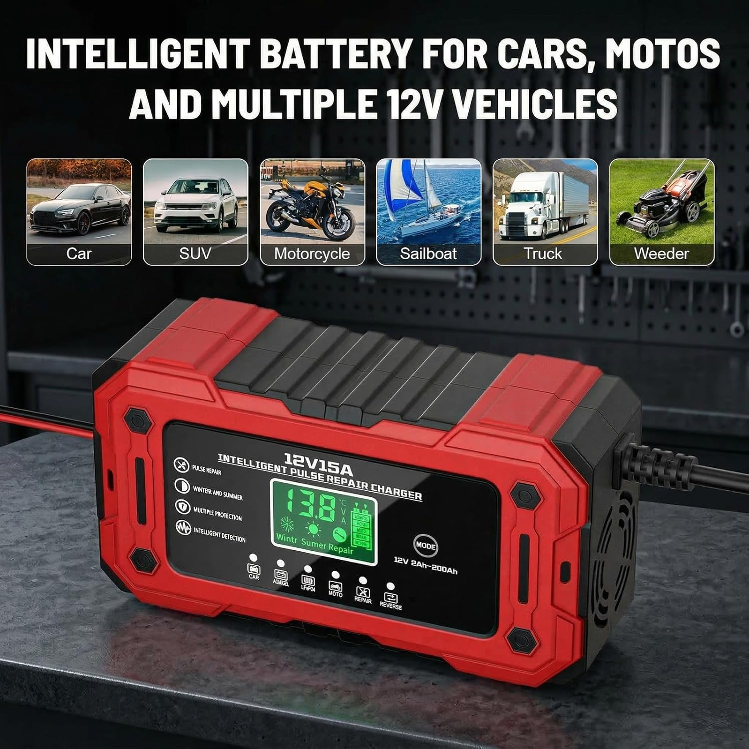 Thumbnail 6 de YDBAO Battery Charger 15A 12V – Fully Automatic Smart Trickle Charger with LCD Display and Temperature Compensation