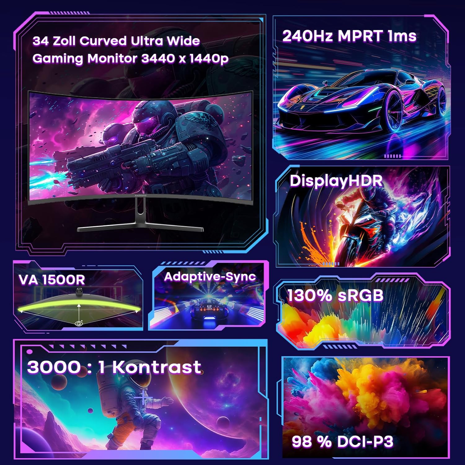 Detalle 2 de Amzfast Curved Gaming Monitor 34 Zoll 240Hz