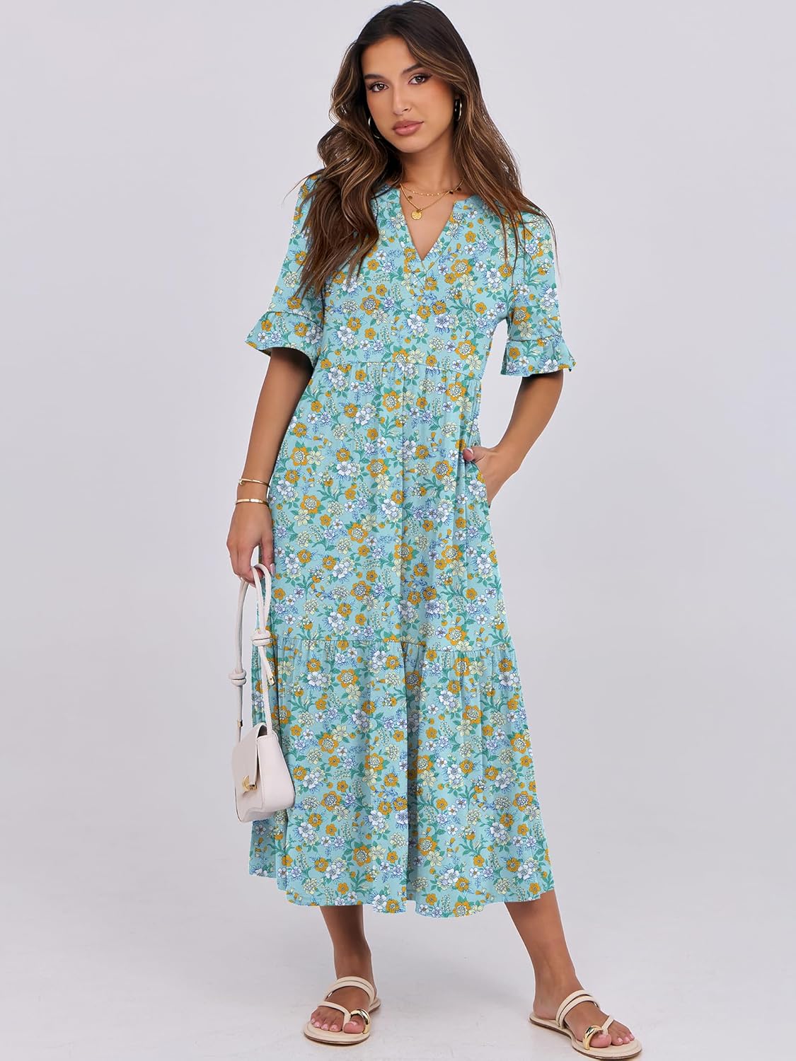 Thumbnail 1 de ANRABESS Women's Summer Maxi Dress: Casual Ruffle Short Sleeve V-Neck Boho Flow with Pockets