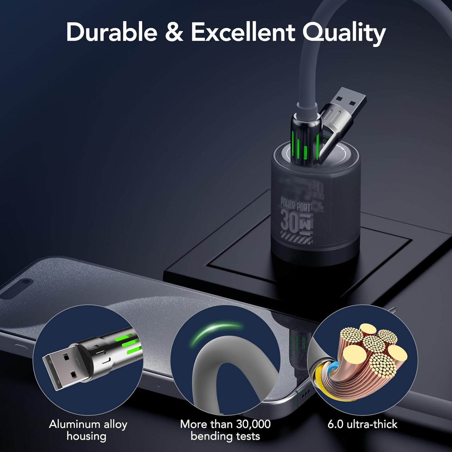 Thumbnail 3 de MFish 4-in-1 USB-C Charging Cable (240W) with Built-In PD3.1 E-Marker, 6.6 ft, Grey