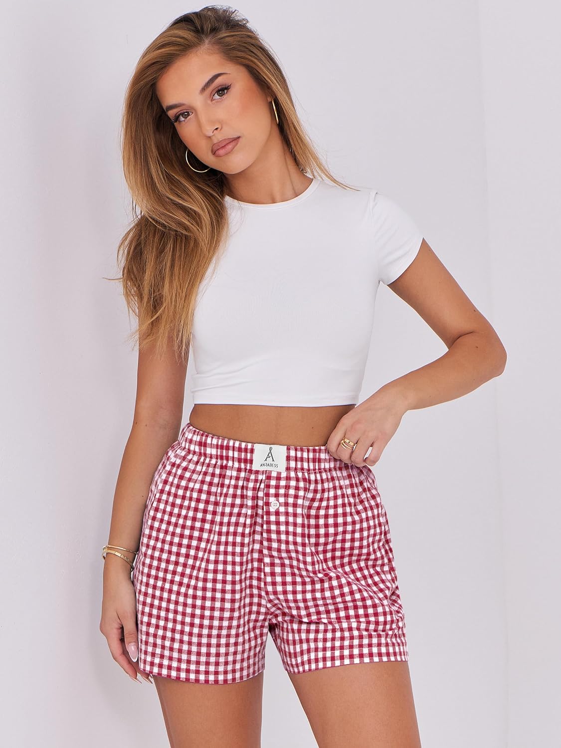 Thumbnail 5 de ANRABESS Women's Gingham Boxer Shorts Pajama Wear — Lightweight Rayon, Elastic Waist, 2026 Summer