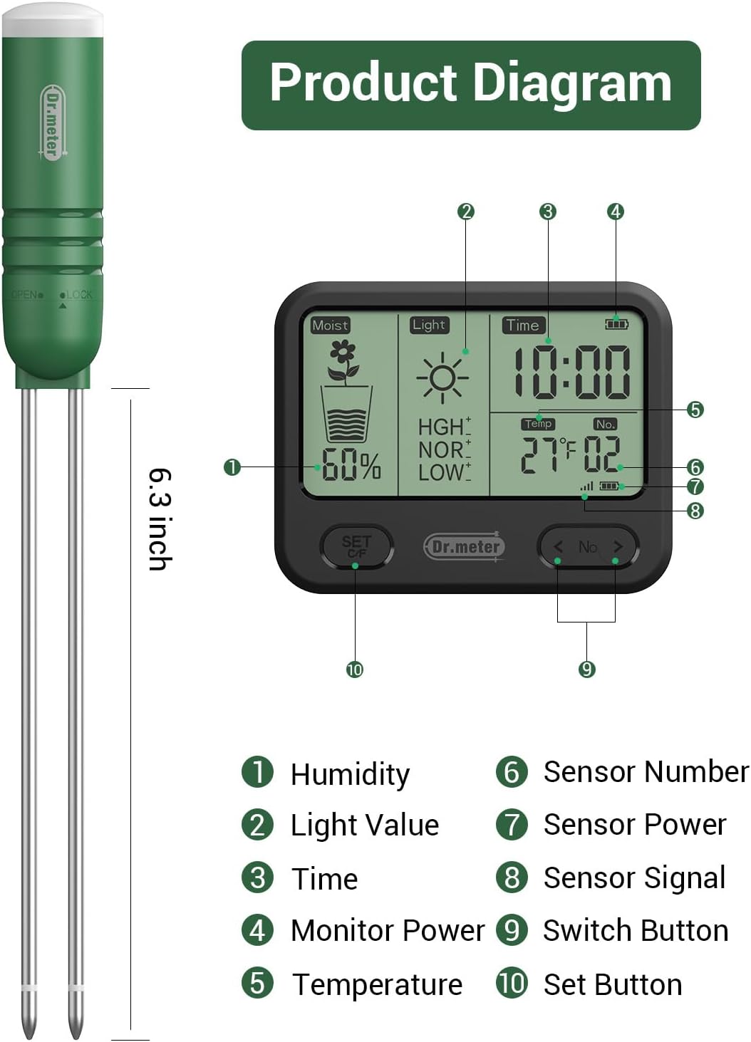 Detalle 2 de Dr.meter 4-in-1 Soil Moisture Meter with 300ft Wireless Sensor – Practical Care for Indoor and Outdoor Plants