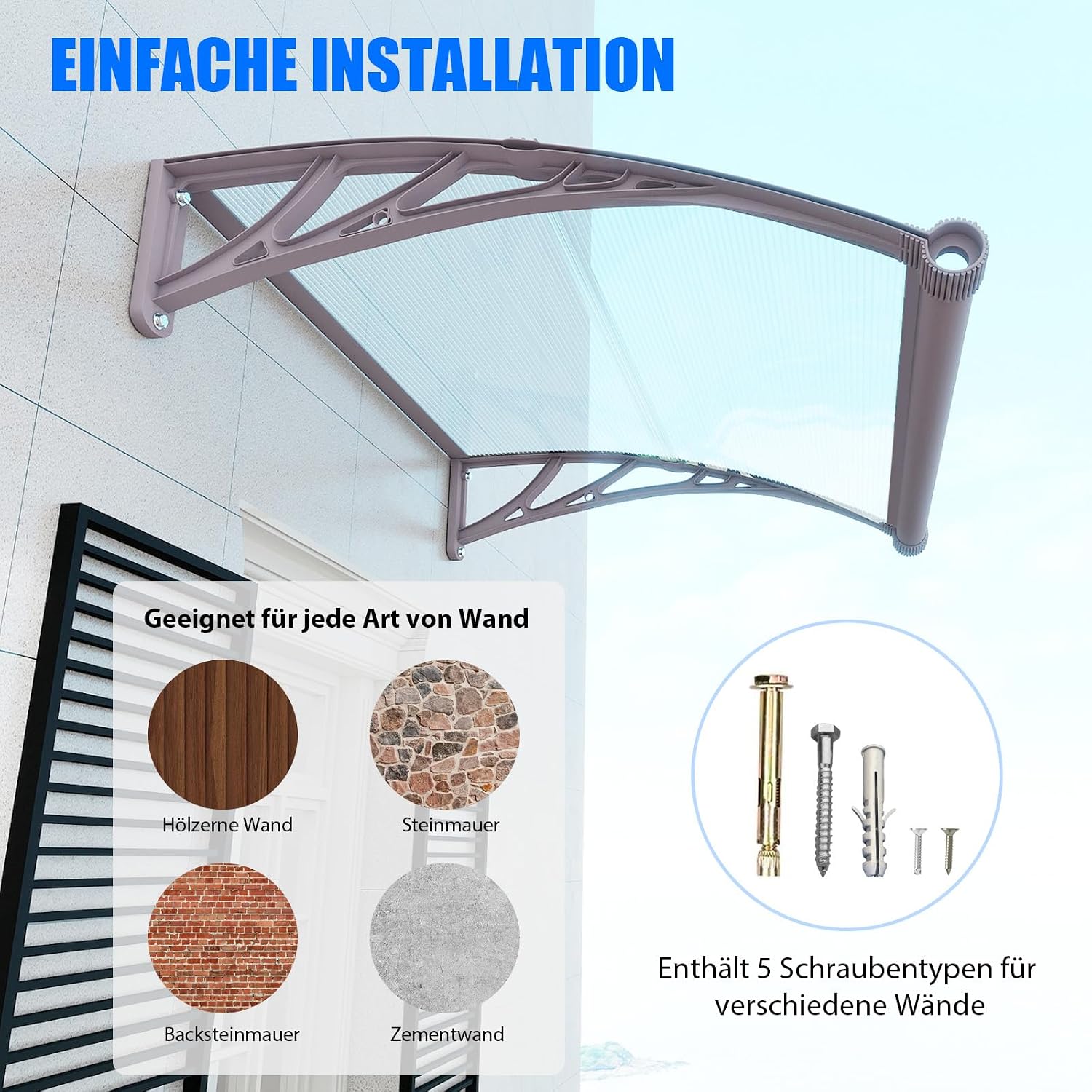 Detalle 2 de Vordach für Haustür 120x80 cm – Polycarbonat-Pultvordach mit Abfluss, UV-Schutz und Wetterschutz