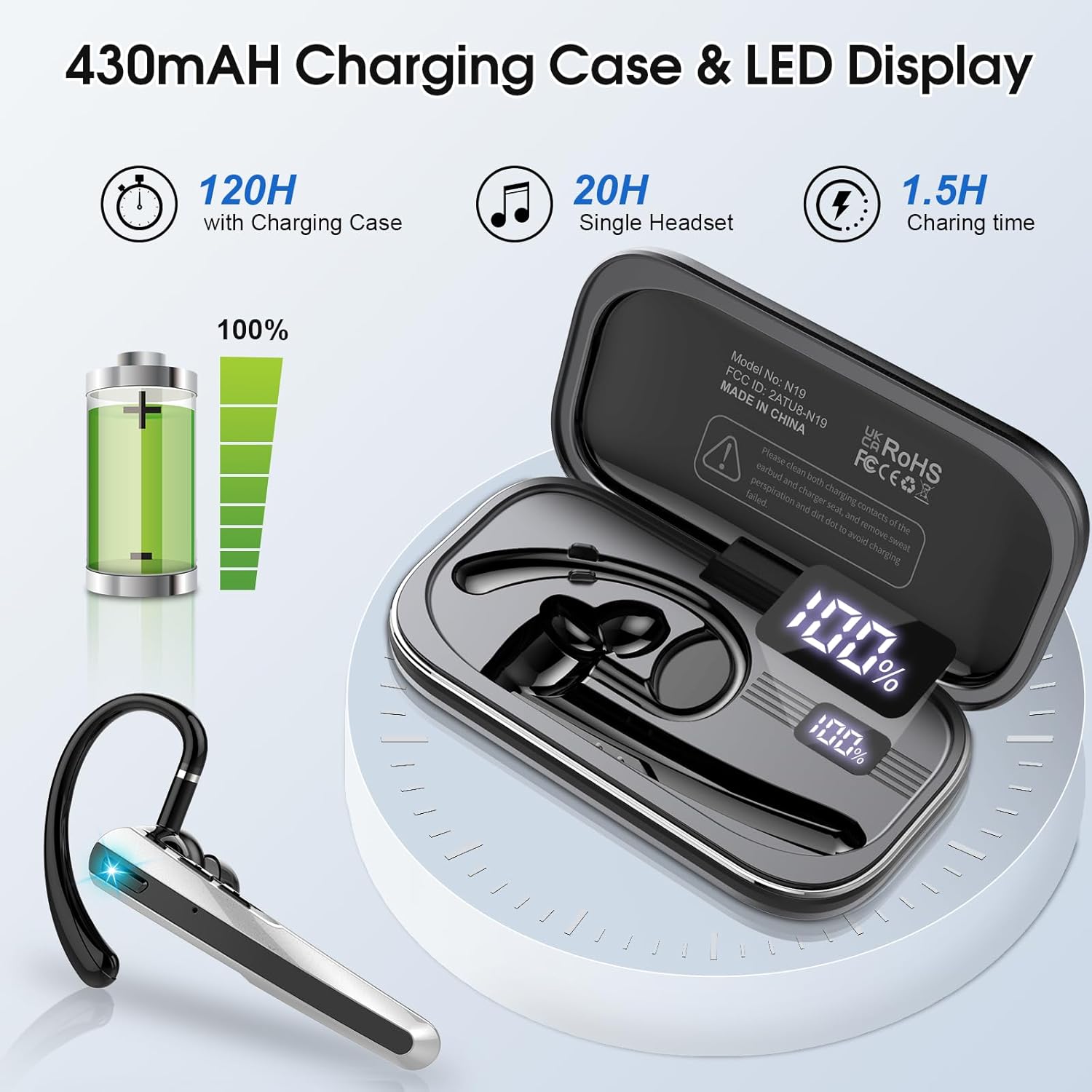 Detalle 2 de Atheewon V5.3: Kabelloses Bluetooth-Headset-Set mit ENC-Dualrauschunterdrückung und LED-Ladebox