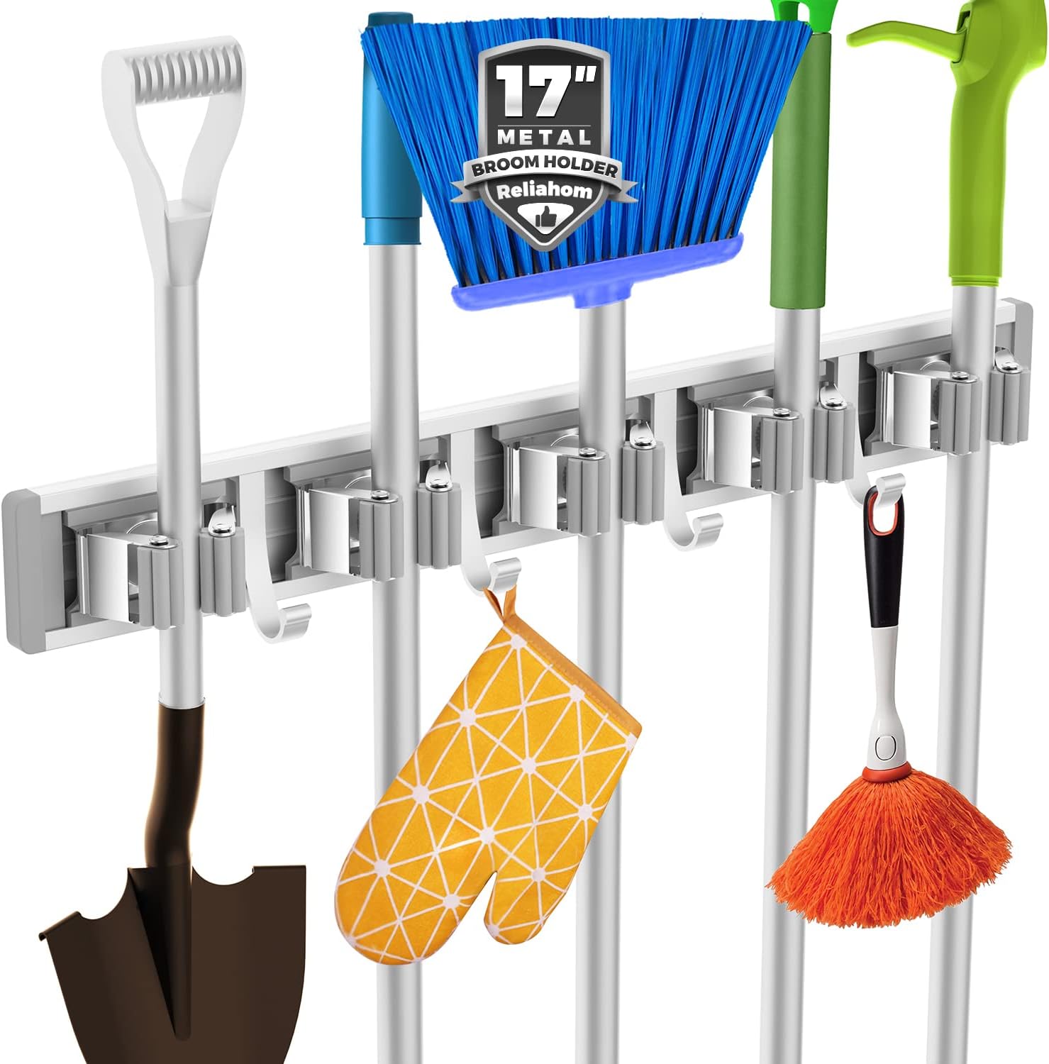 Thumbnail 6 de reliahom Broom Holder Wall Mount Mop Organizer 4 Racks with 5 Hooks