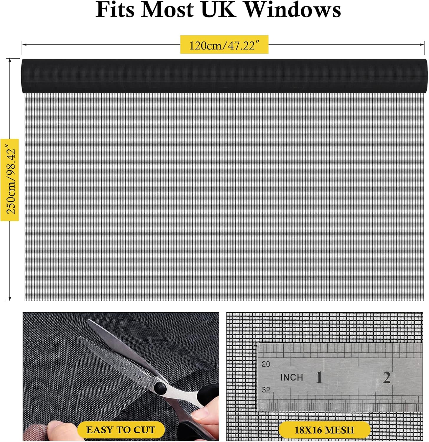 Thumbnail 1 de fowong Fly Screens for Windows (2-Pack) 120 x 250cm Black Polyester Insect Mesh