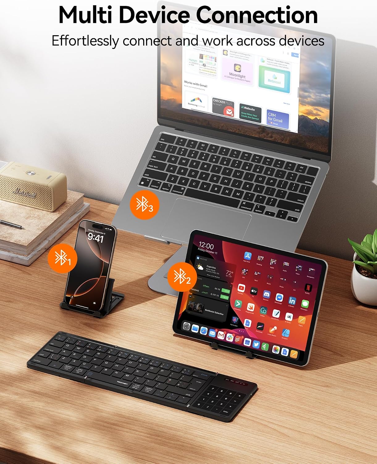 Thumbnail 2 de TECKNET Foldable Bluetooth Keyboard with Touchpad (64-key) — pocket travel mini keyboard with trackpad & numeric keypad