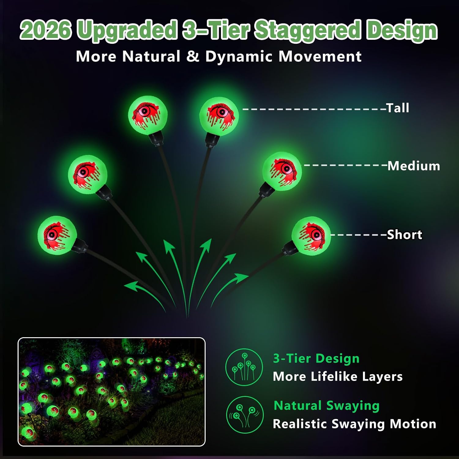 Detalle de EEW CY-Eyeball Solar Halloween Path Lights, 8-Pack, 48 Green LEDs