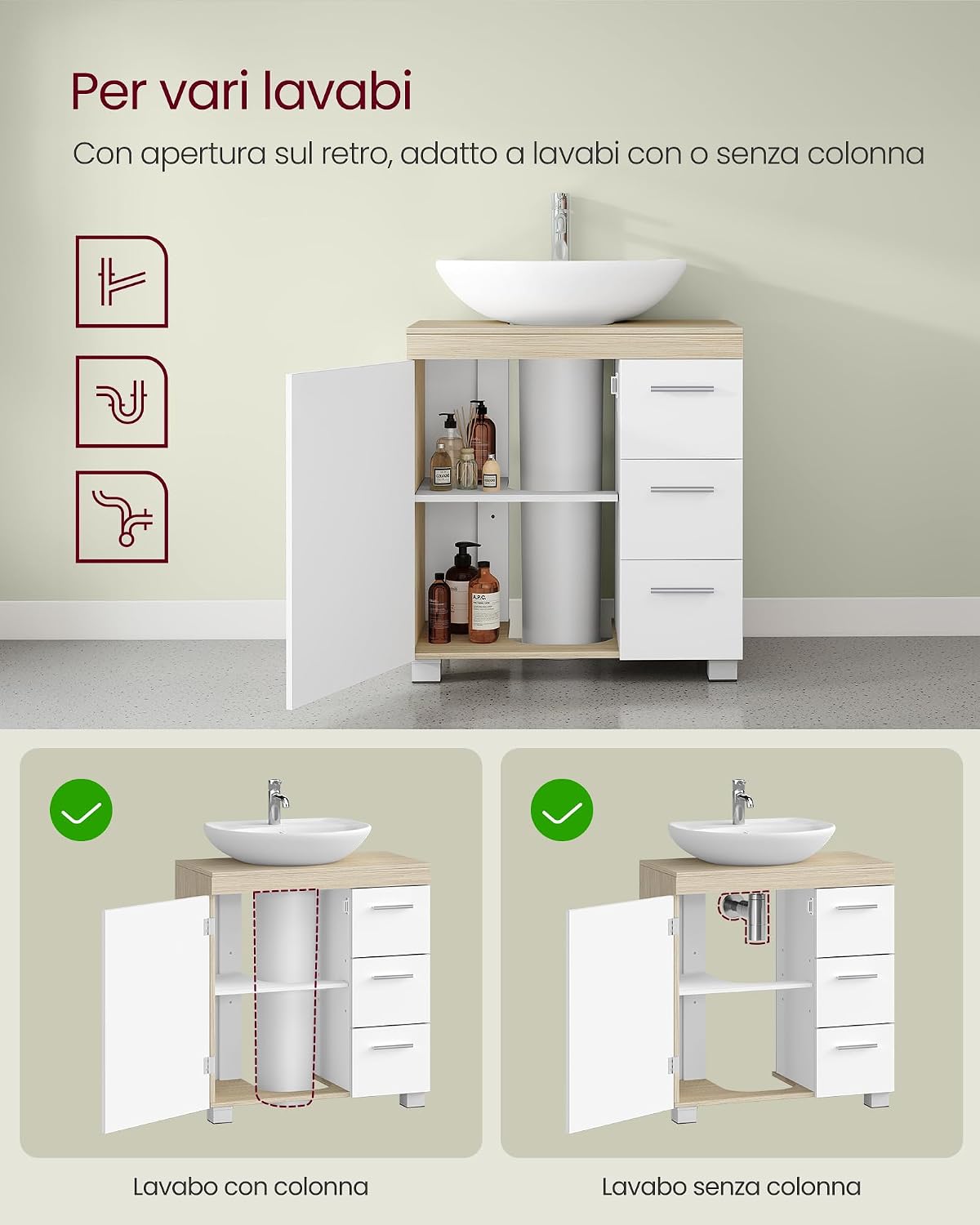 Detalle de VASAGLE Mobile sottolavabo BBK514LL01 30 x 60 x 64 cm bianco nuvola e beige naturale, con 3 cassetti laterali