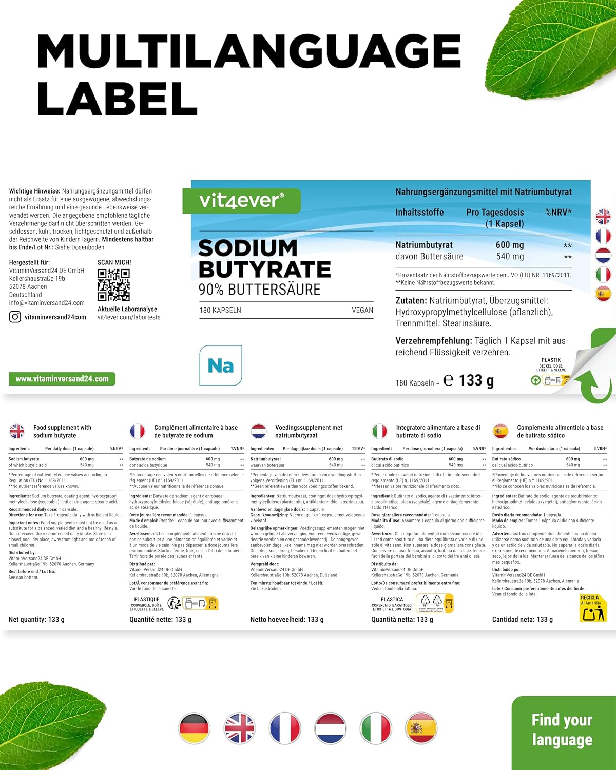 Thumbnail 5 de vit4ever Sodium Butyrate Kapseln mit 600 mg (180 Stück) – hochdosiertes, veganes Natriumbutyrat