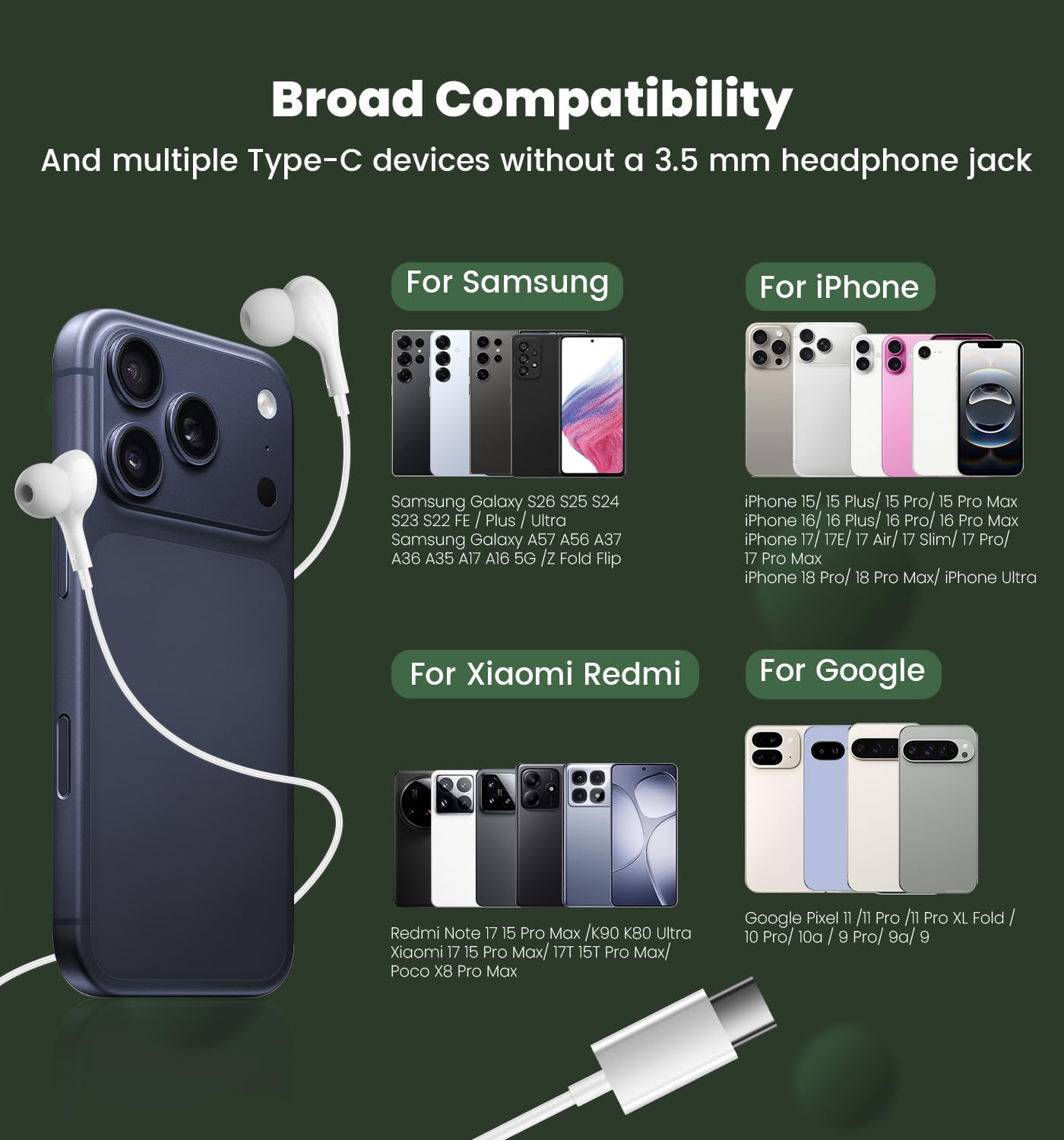 Thumbnail 4 de USB-C Wired Earbuds with Microphone for iPhone, Samsung, Pixel — In-Ear HiFi Audio