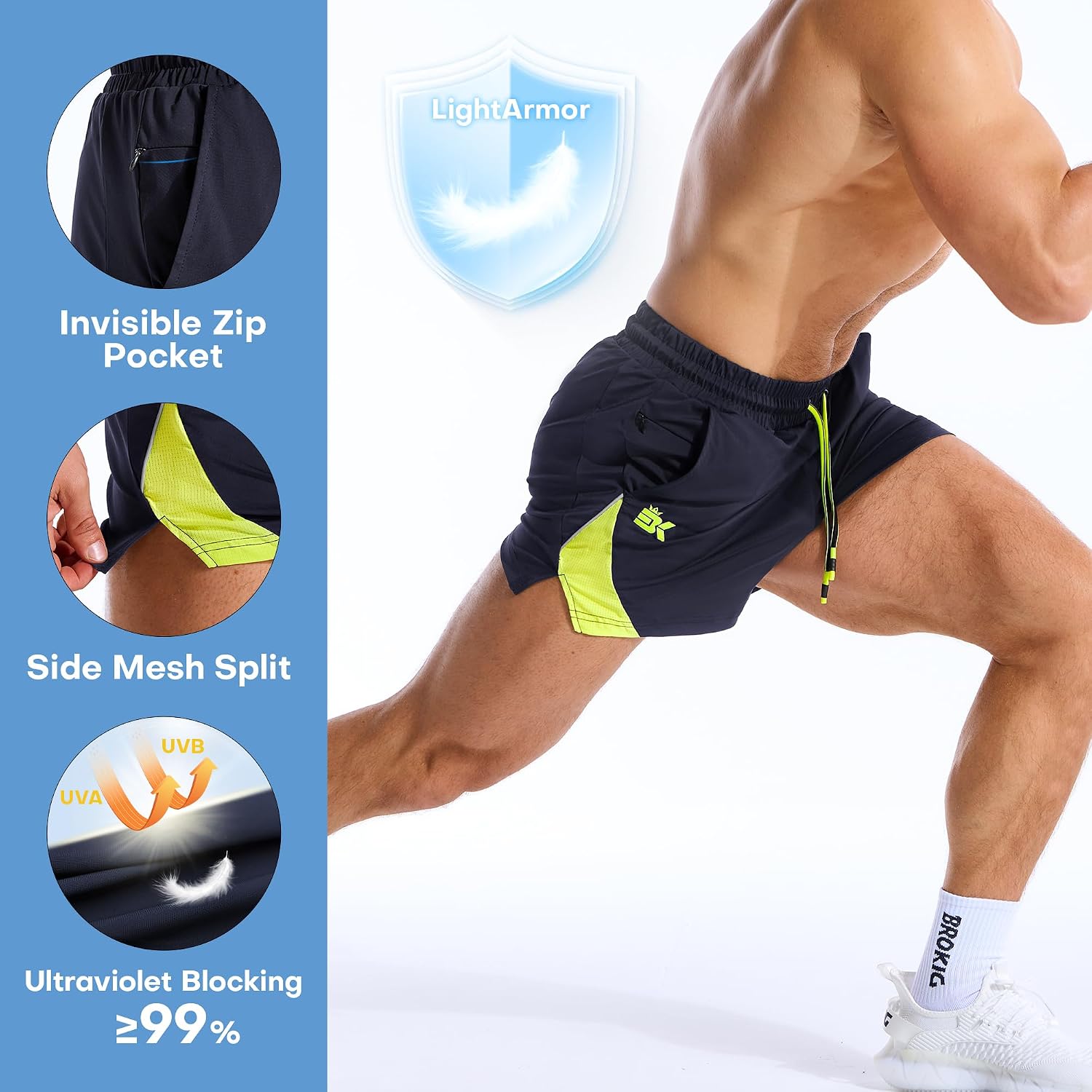Detalle 2 de BROKIG LightArmor Gym Running Shorts for Men with Zip Pockets