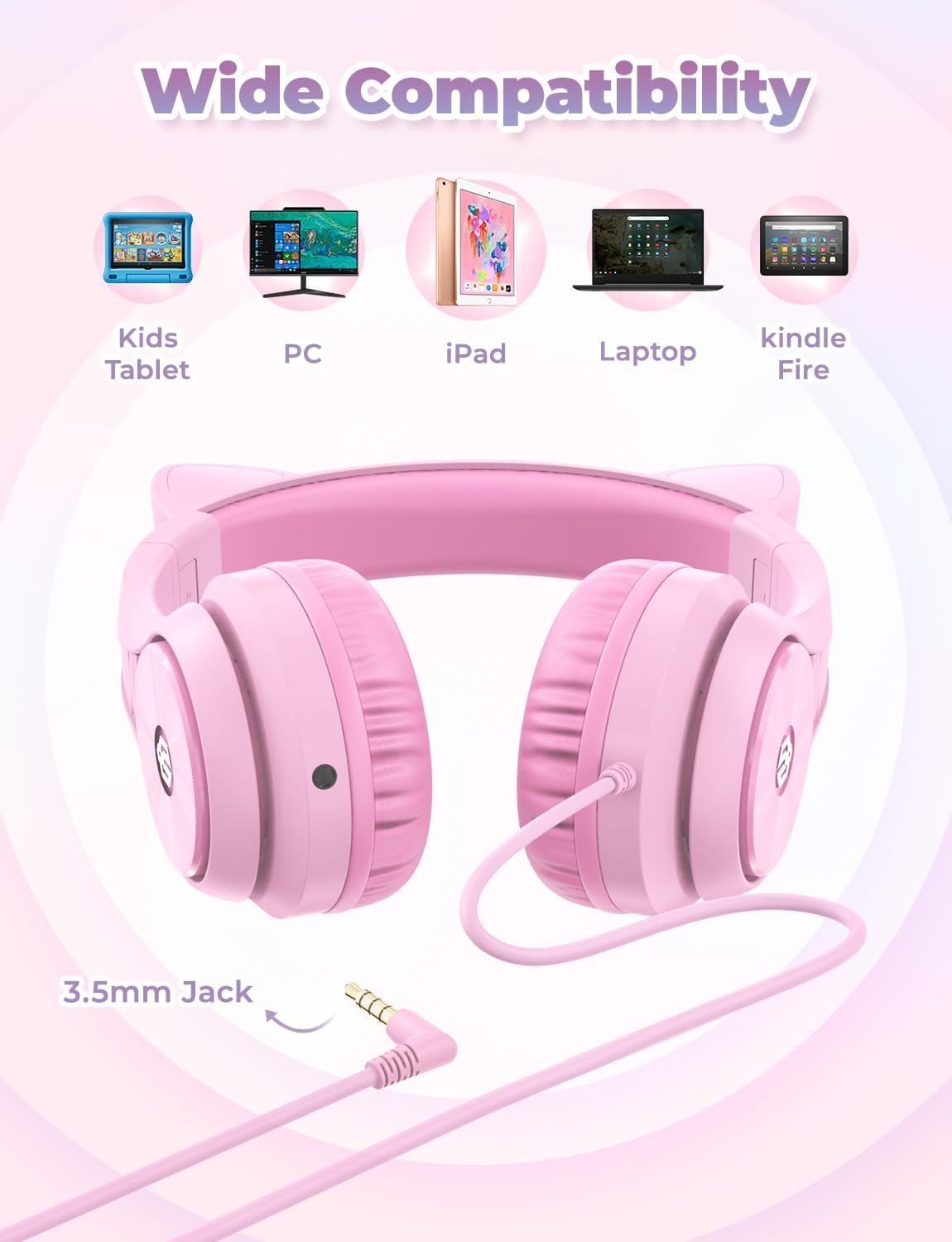 Thumbnail 4 de iClever Kids Headphones with Cat Ear LED Light Up: Safe, Shareable, and Foldable