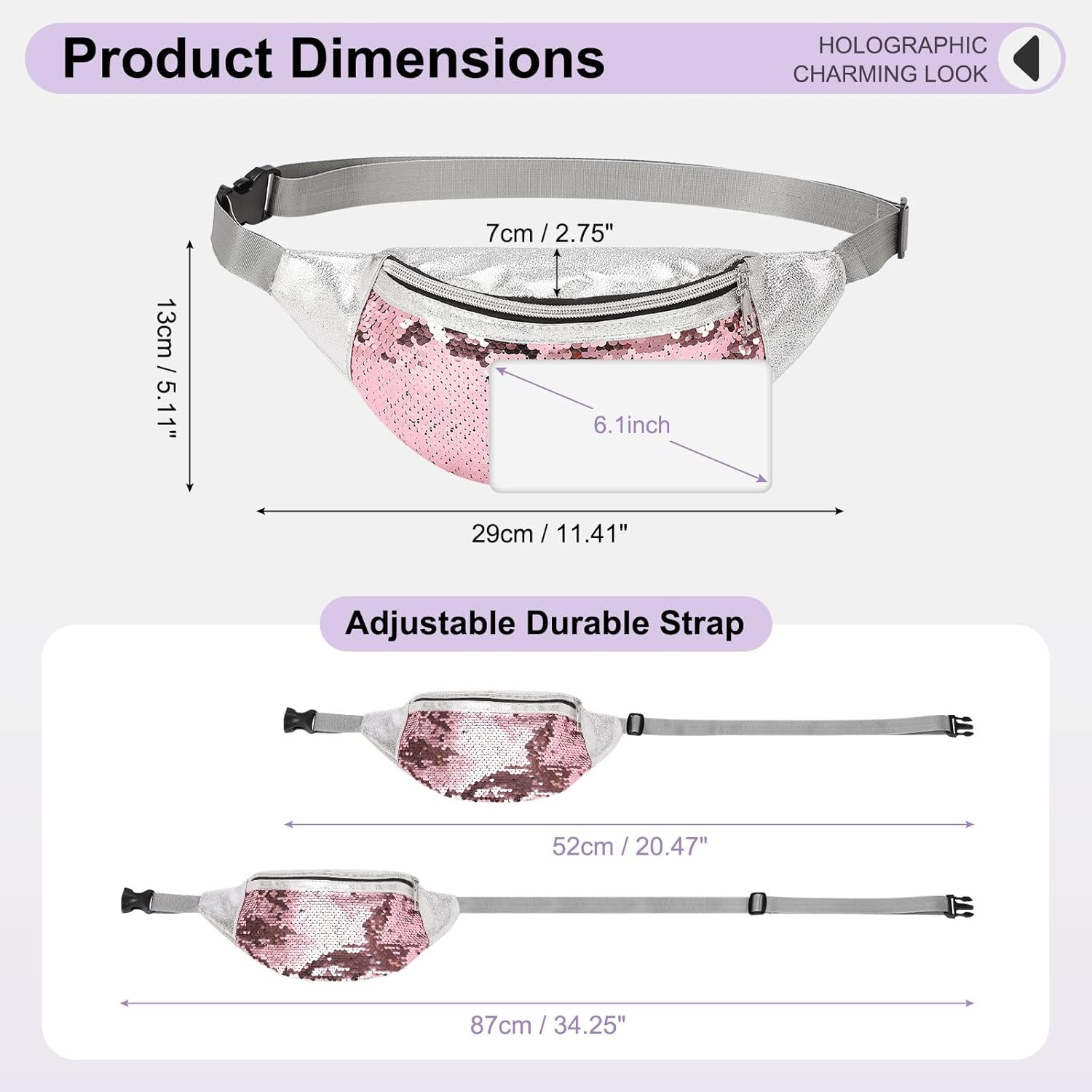 Detalle de DTGN Sequined Fanny Pack for Women: Shiny Pink Waist Bag with Adjustable Belt