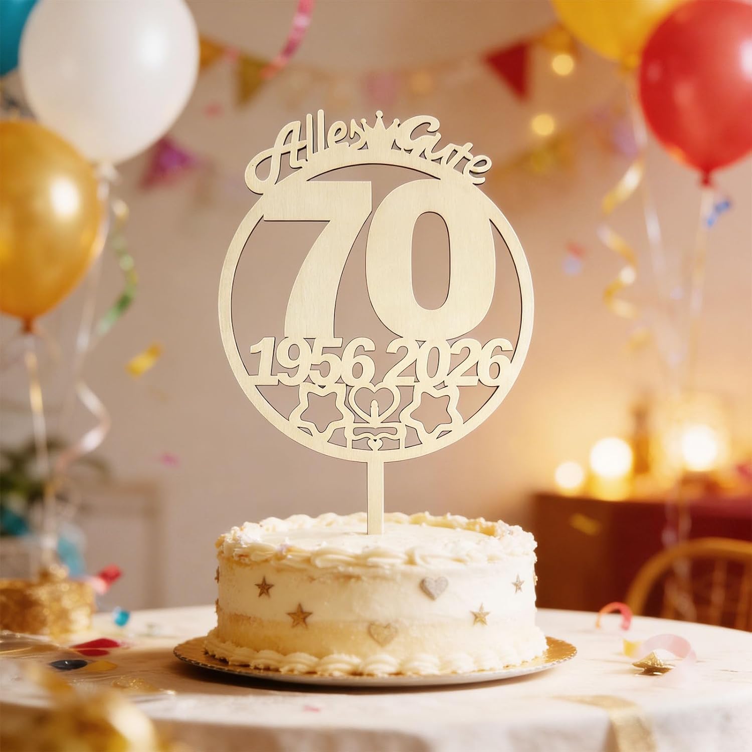 Thumbnail 2 de Tortendeko 70. Geburtstag Frau & Mann: Holz-Tortenaufleger mit LED-Lichterkette 1956 bis 2026 (Seutgjie)