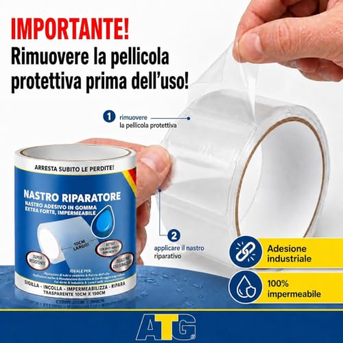 Detalle de ATG Ripara piscina sott’acqua – nastro sigillante trasparente 10×150 cm, sigilla perdite senza svuotare