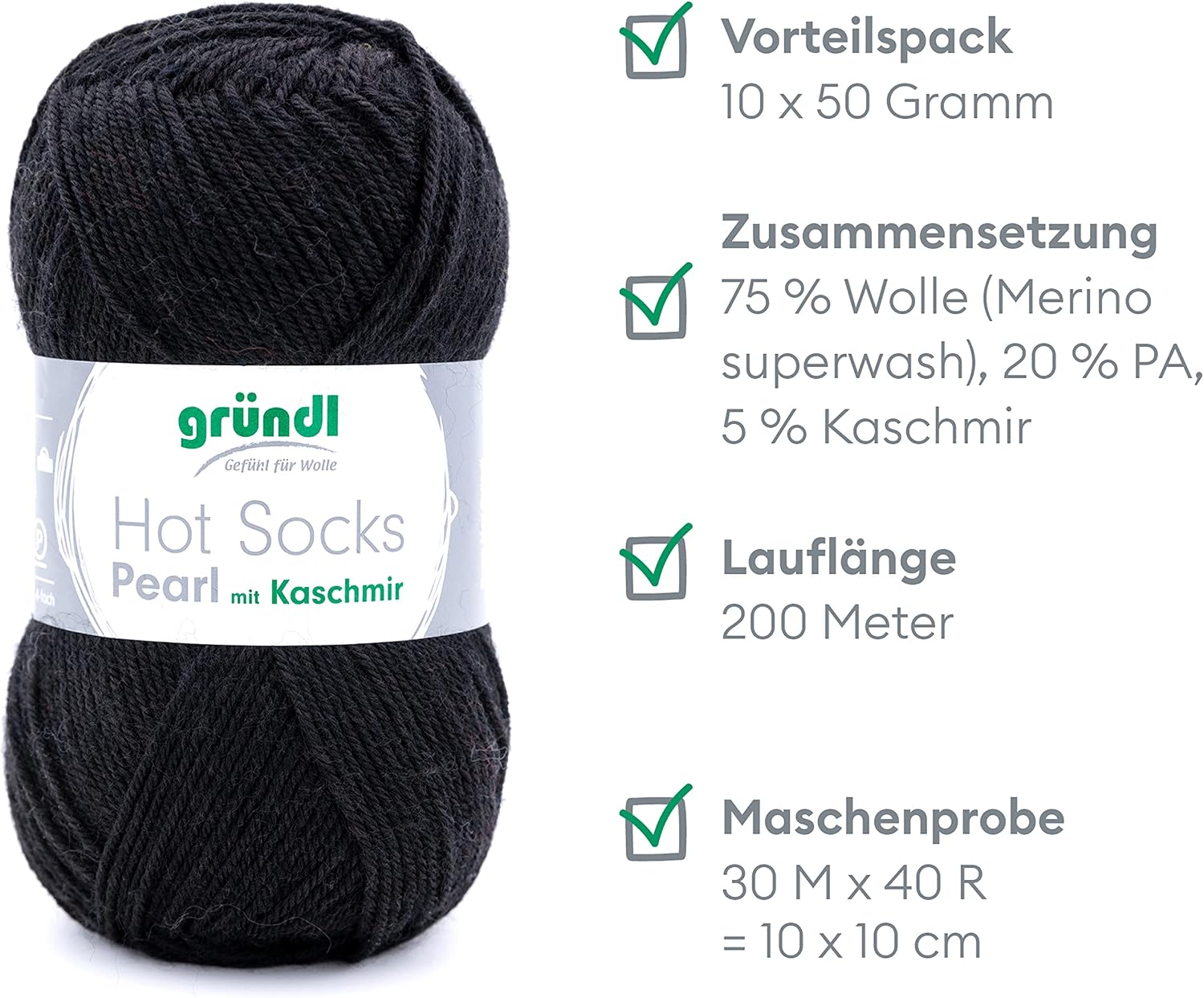 Detalle de Gründl Hot Socks Pearl uni – czarna włóczka skarpetkowa, 200 m/50 g