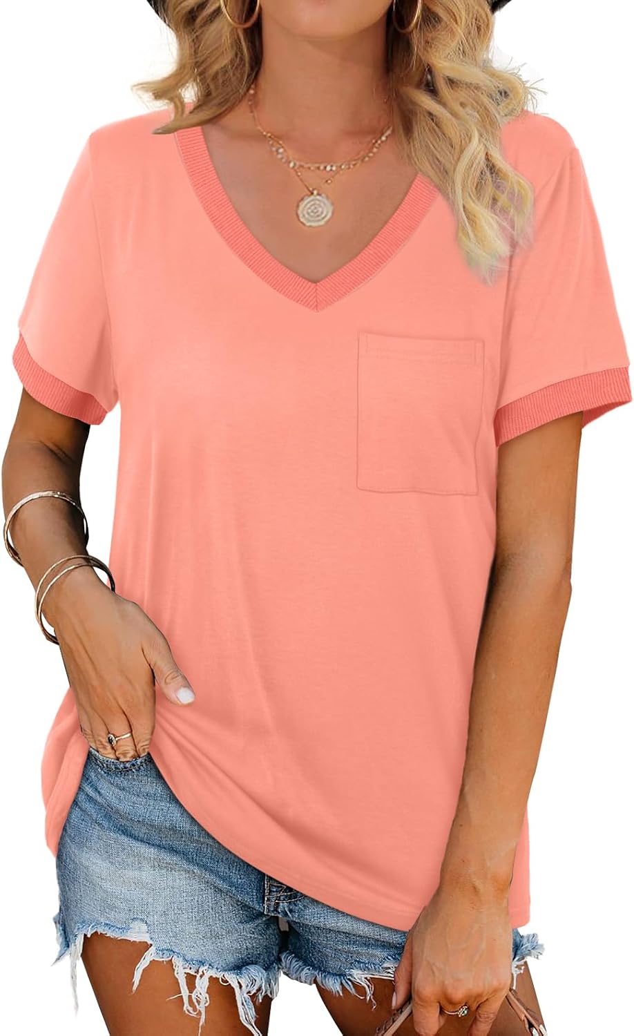 Detalle de Geifa Women’s V-Neck Short Sleeve Loose T-Shirt Top with Pocket