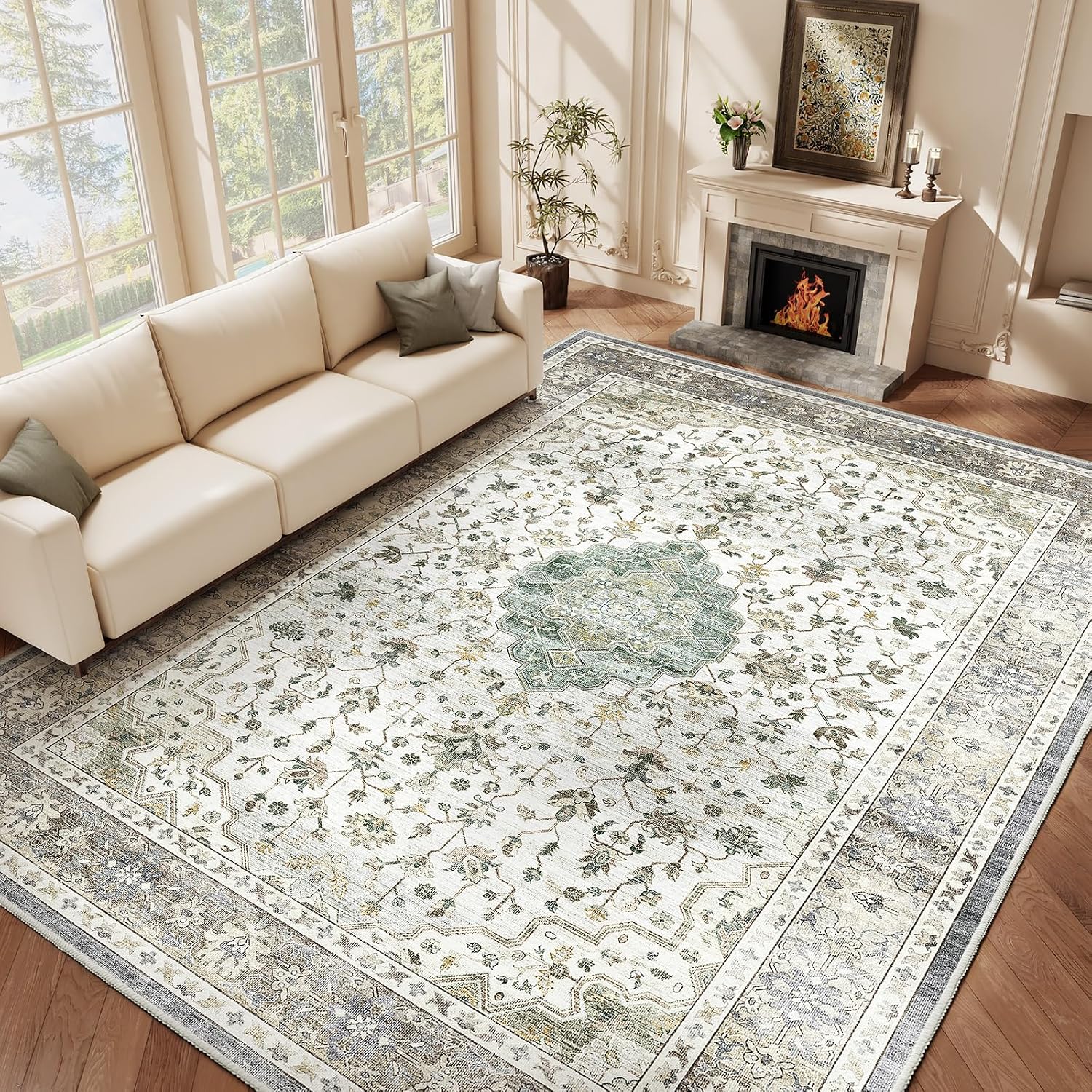 Detalle de HOMFINE Vintage Alfombra vloerkleed 200 x 300 cm, lichtgroen met bloemenpatroon