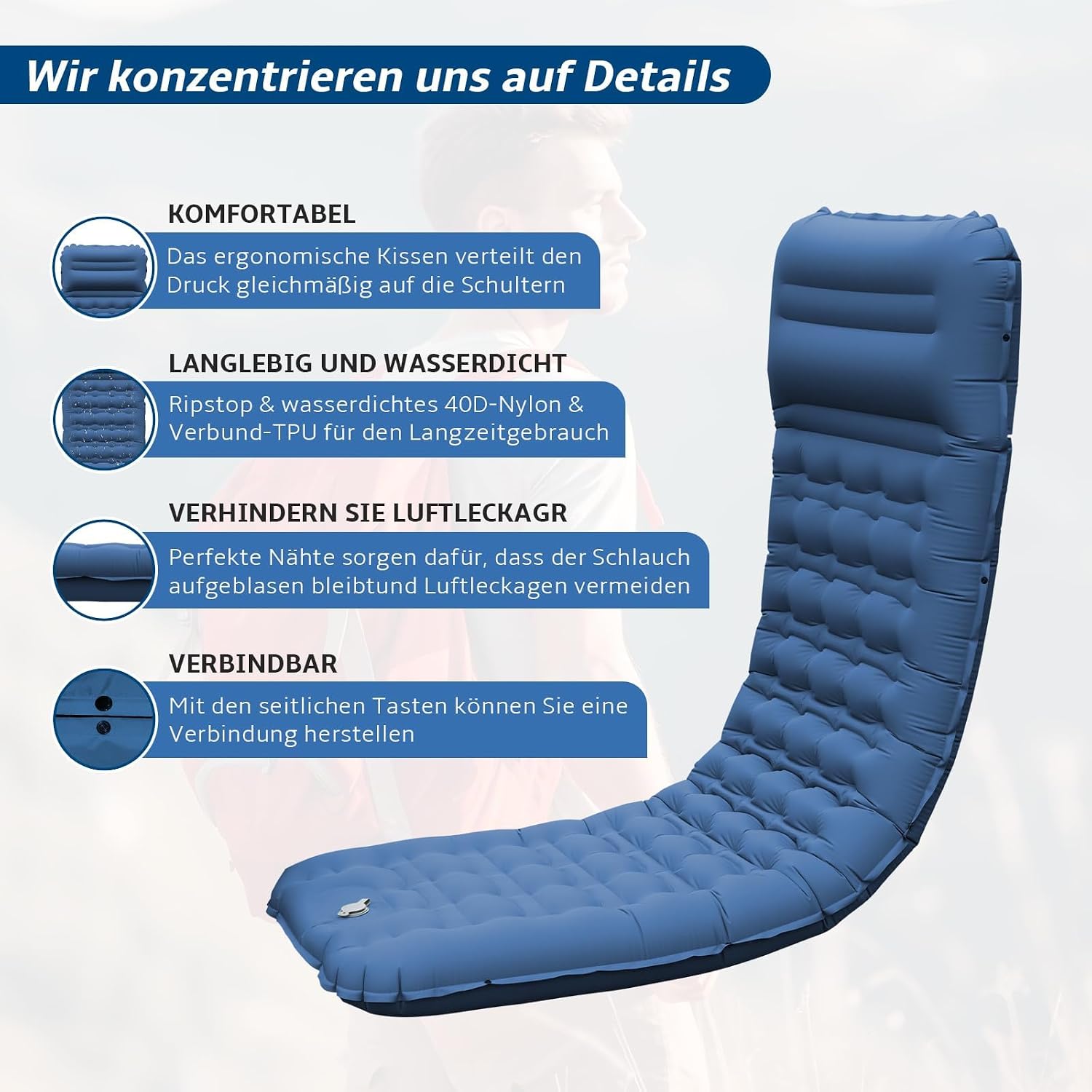 Thumbnail 5 de CIXMUS Aufblasbare Isomatte 12 cm Dicke mit Fußpumpe – Ultraleicht, koppelbar, Marineblau