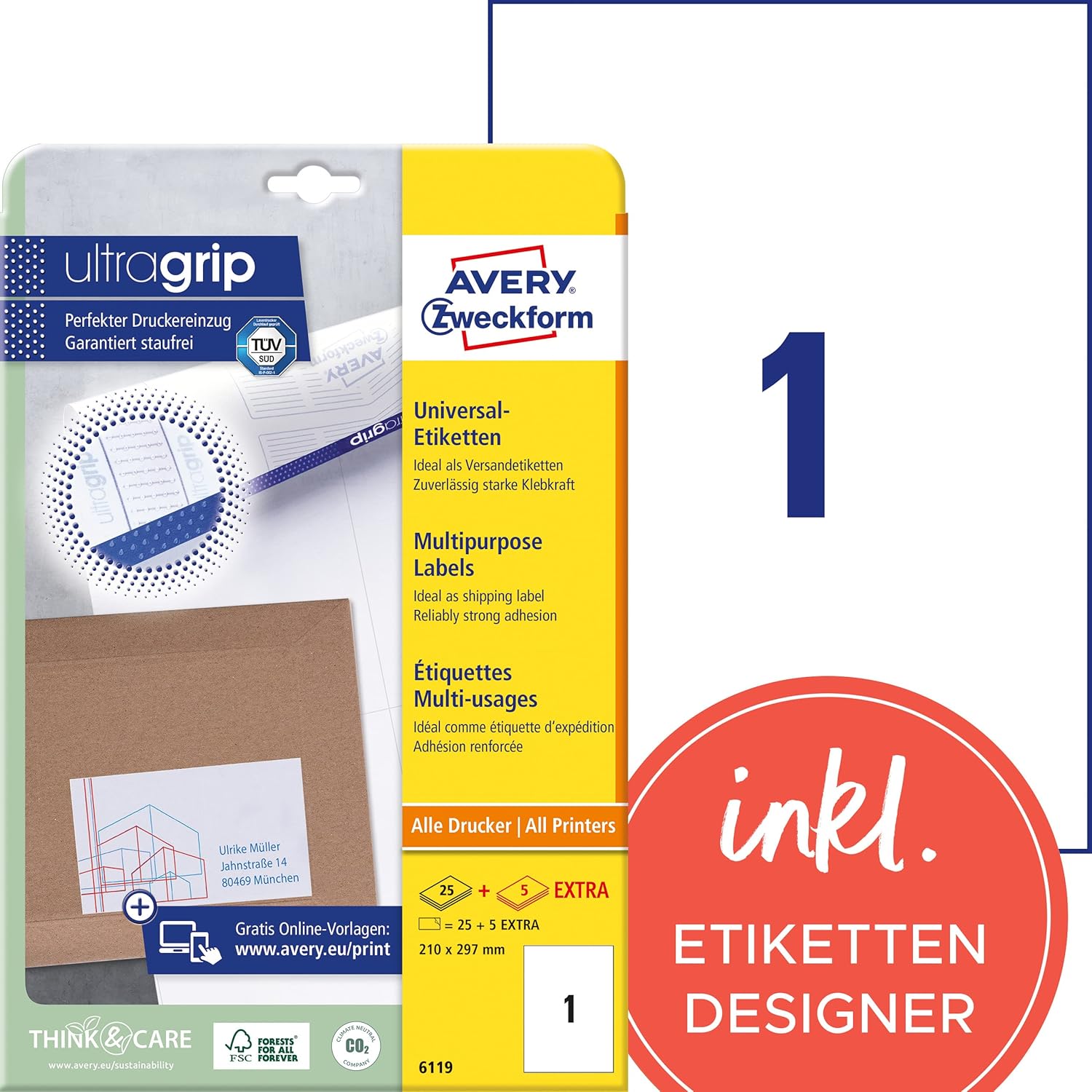 AVERY Zweckform 6119 Universal Etiketten – 30 Blatt 210x297 mm, matt, selfklebend, ultragrip