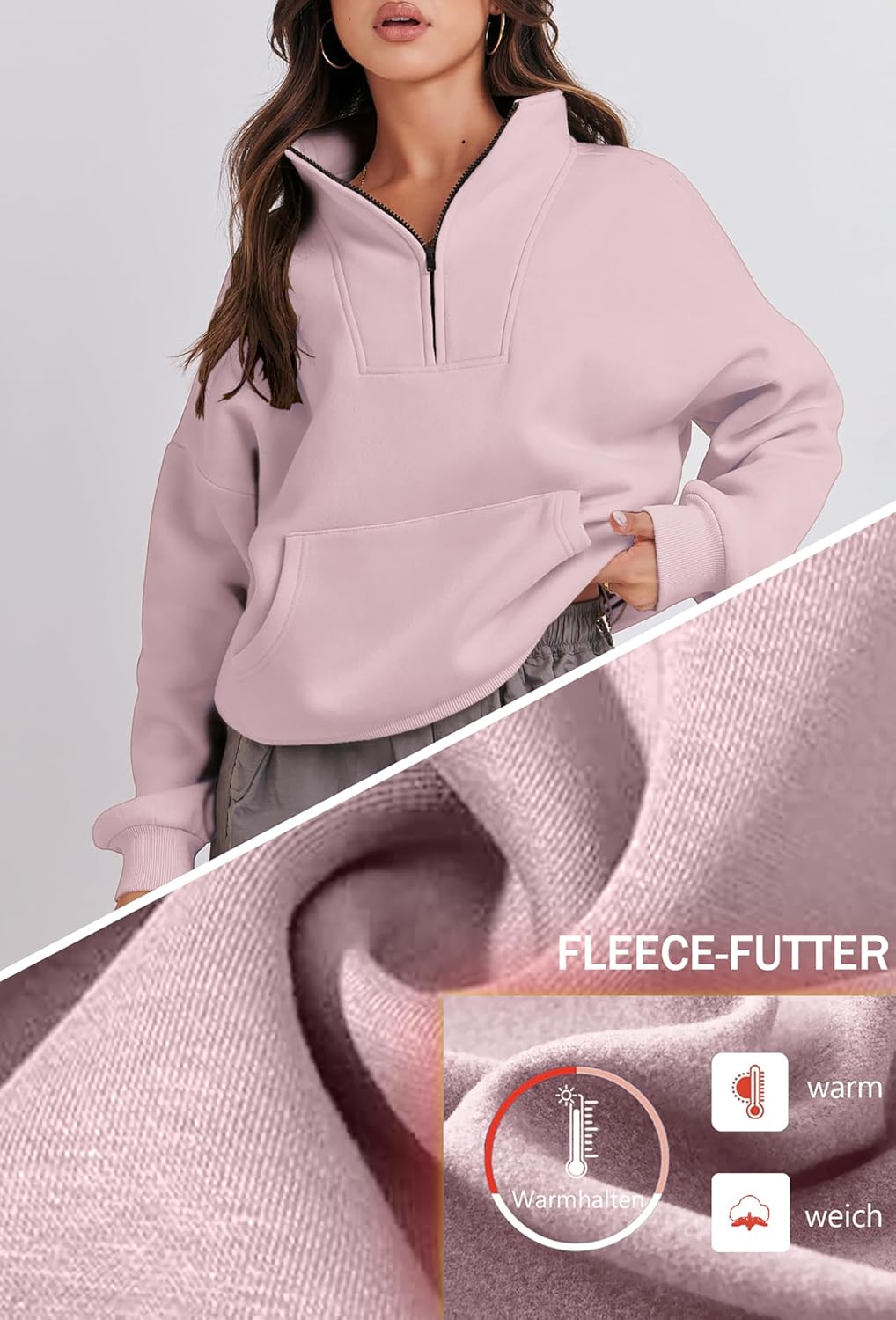Thumbnail 3 de Jhsnjnr Damen Half Zip Sweatshirt mit Fleece-Innenfutter – Oversized Stehkragenpullover ohne Kapuze