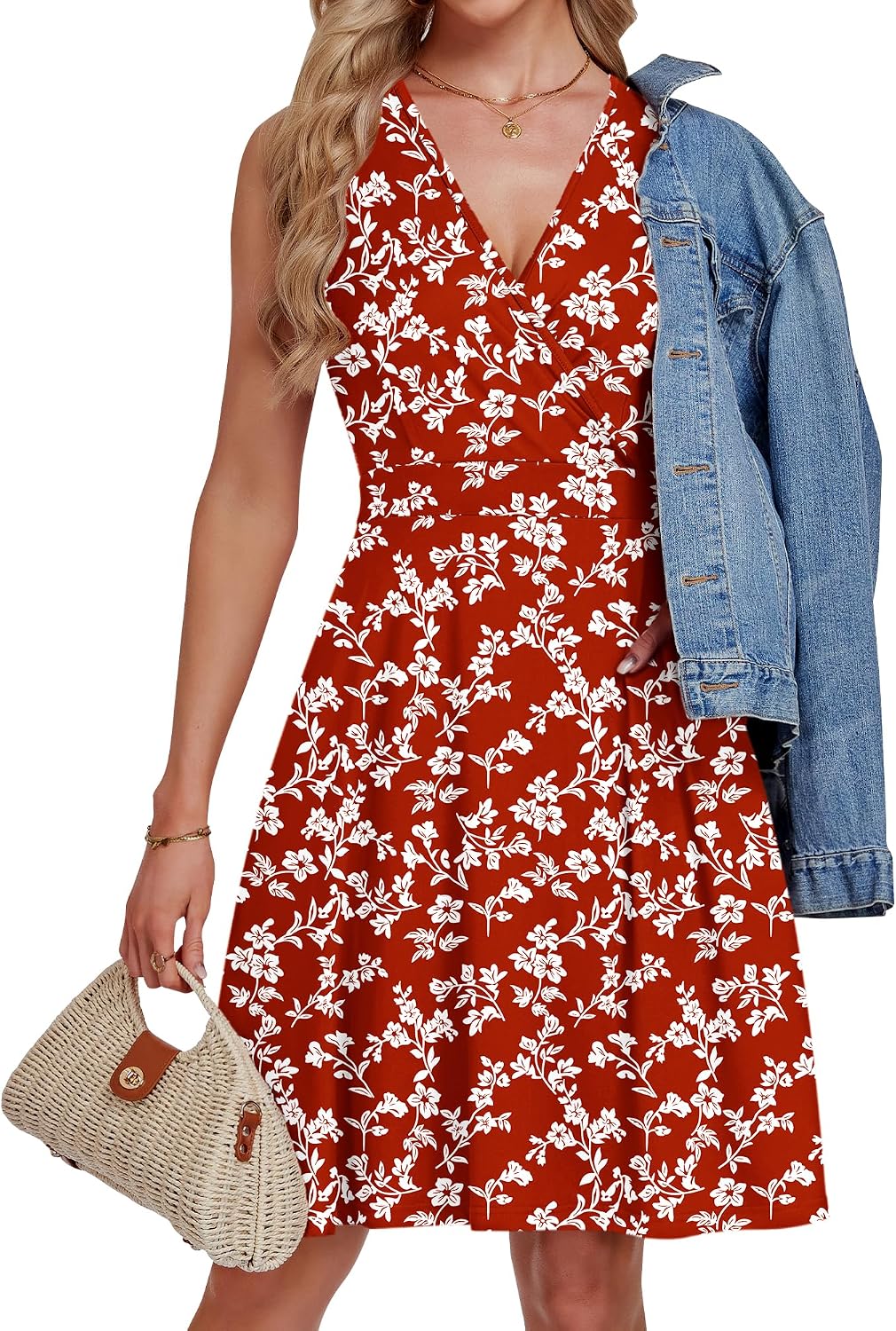 Detalle 1 de WNEEDU 61103 Women’s Sleeveless Summer Dress with Floral Print and Pockets
