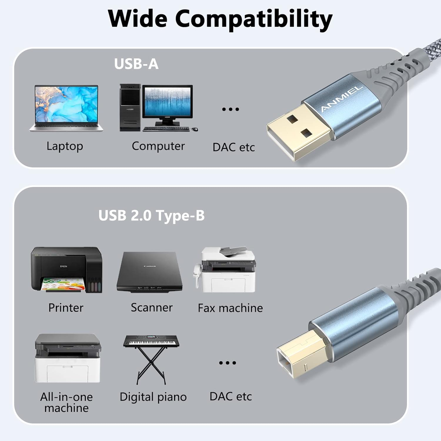 Thumbnail 6 de ANMIEL Printer Cable 5m (USB 2.0 Type A to Type B) – High-speed grey printer lead
